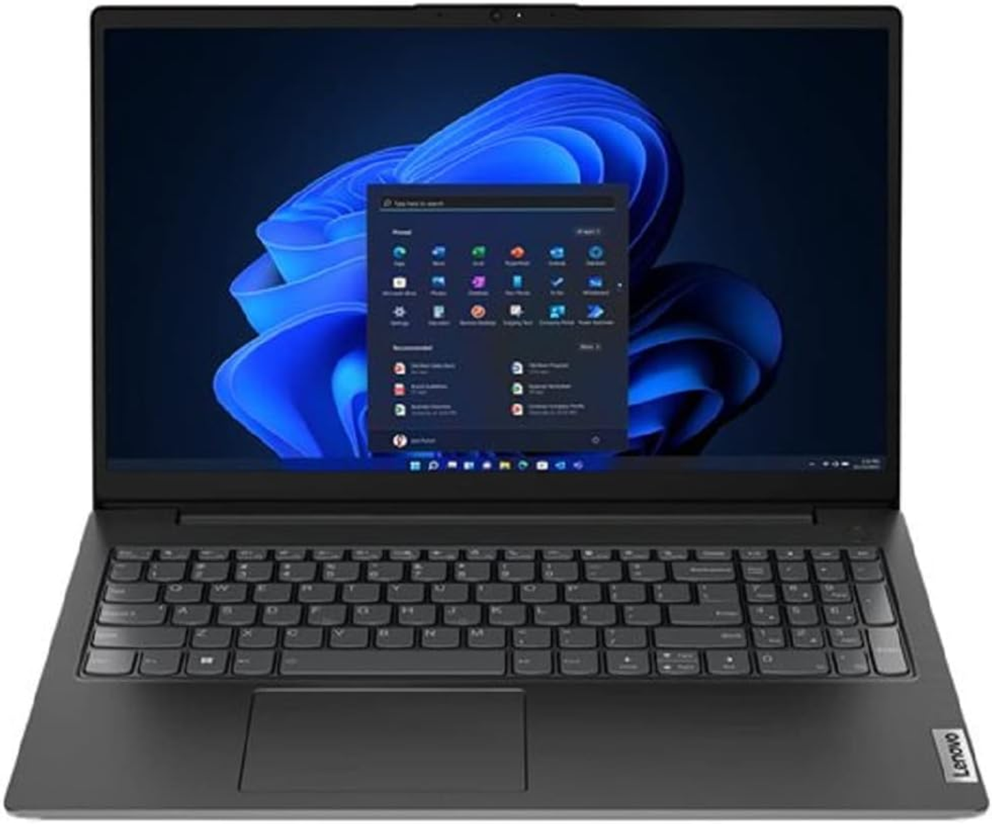Portátil abierto sobre un escritorio. Portátil negro. Interfaz de Windows 11 en la pantalla.