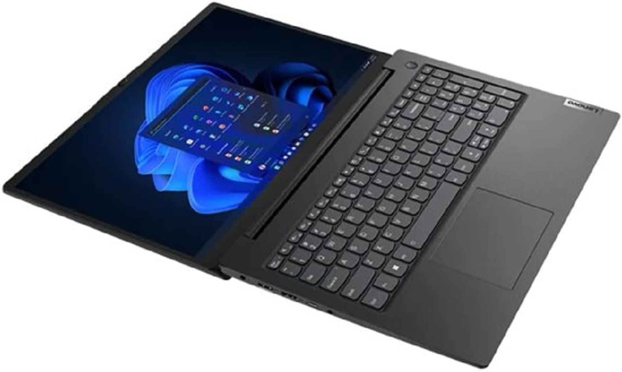 Un portátil con la pantalla abierta, mostrando la interfaz de Windows y un teclado gris.