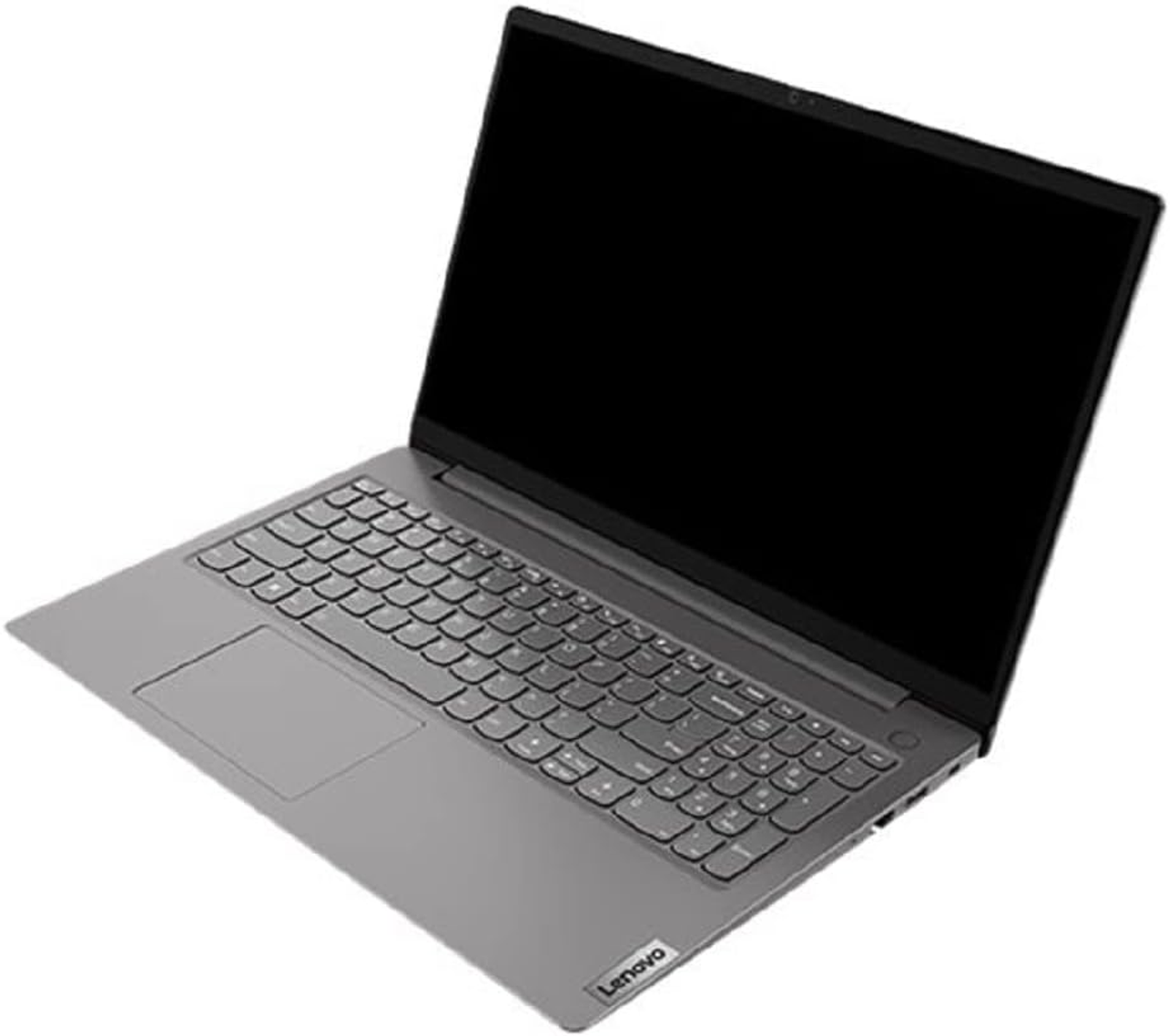 Un portátil Lenovo gris está abierto. La pantalla es negra. Tiene un teclado, un panel táctil y el logotipo de Lenovo es visible.