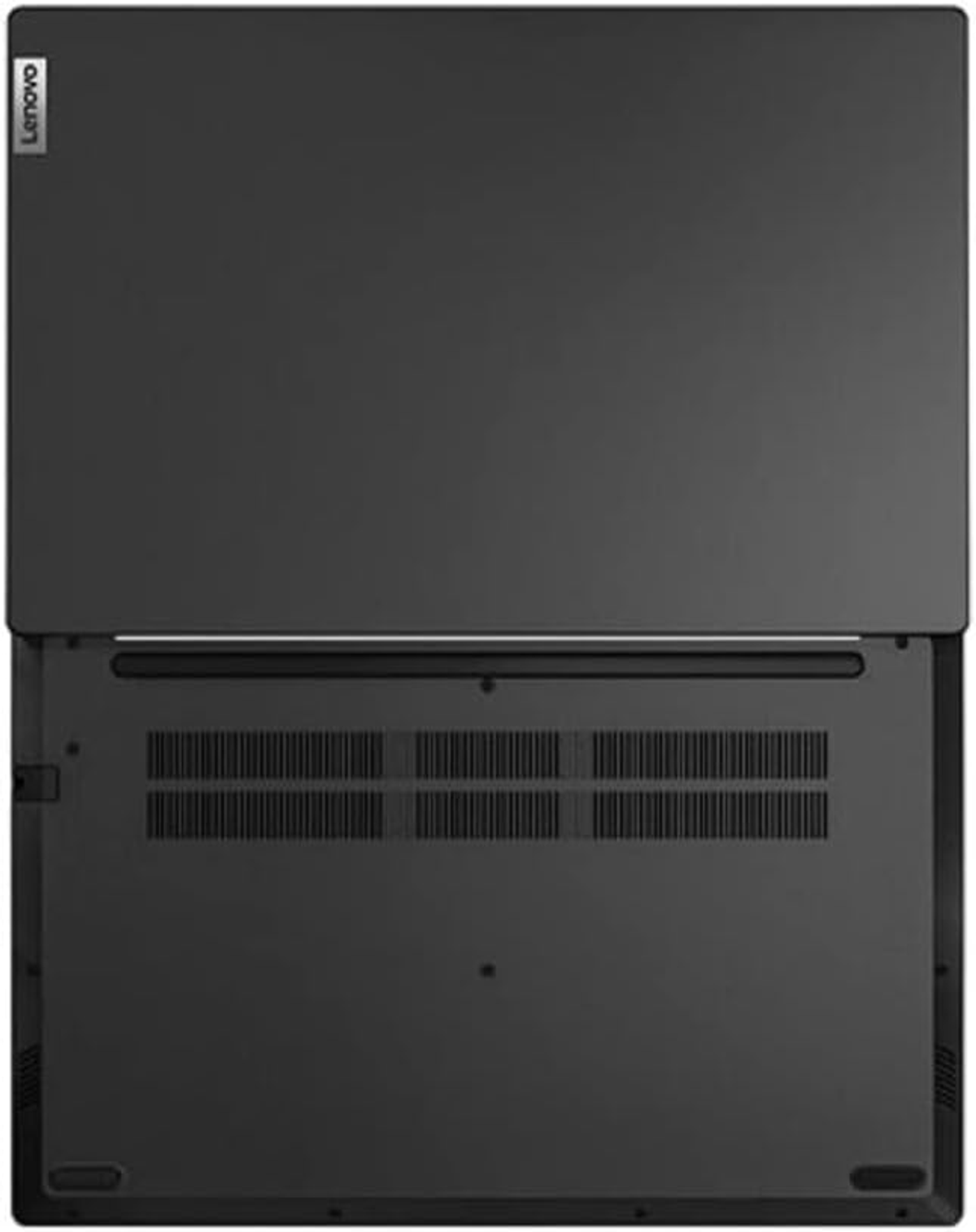 Un portátil negro con el logotipo de Lenovo en la parte superior, abierto.
