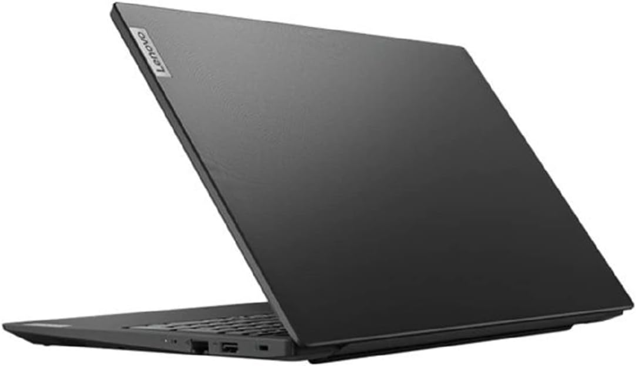 Portátil Lenovo negro, vista trasera, ligeramente abierto, mostrando teclado y panel táctil.