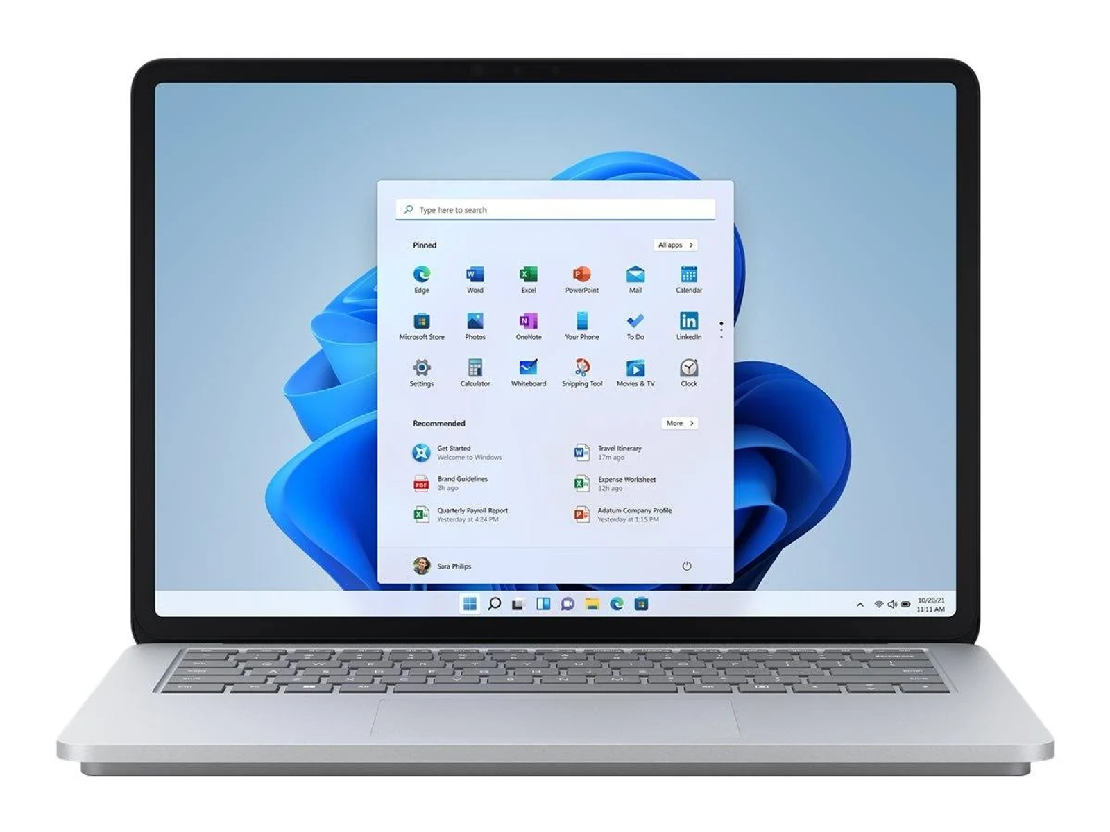 Laptop mit Windows 11-Oberfläche. Der Bildschirm zeigt App-Symbole und ein Startmenü.