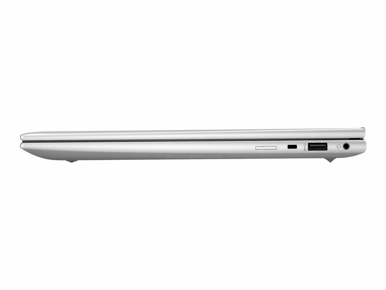 Ein silberner Laptop von der Seite, der sein schlankes Profil zeigt. Die Seite hat Anschlüsse.