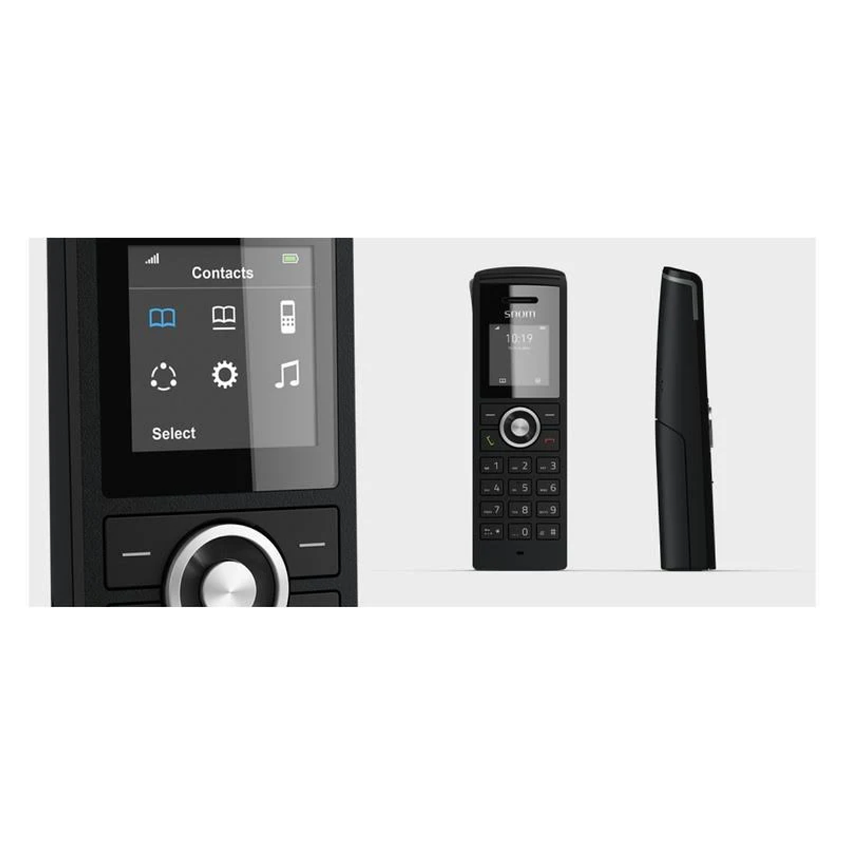 Schwarzes Telefon mit Bildschirm links, Telefon mit Zifferntasten in der Mitte.