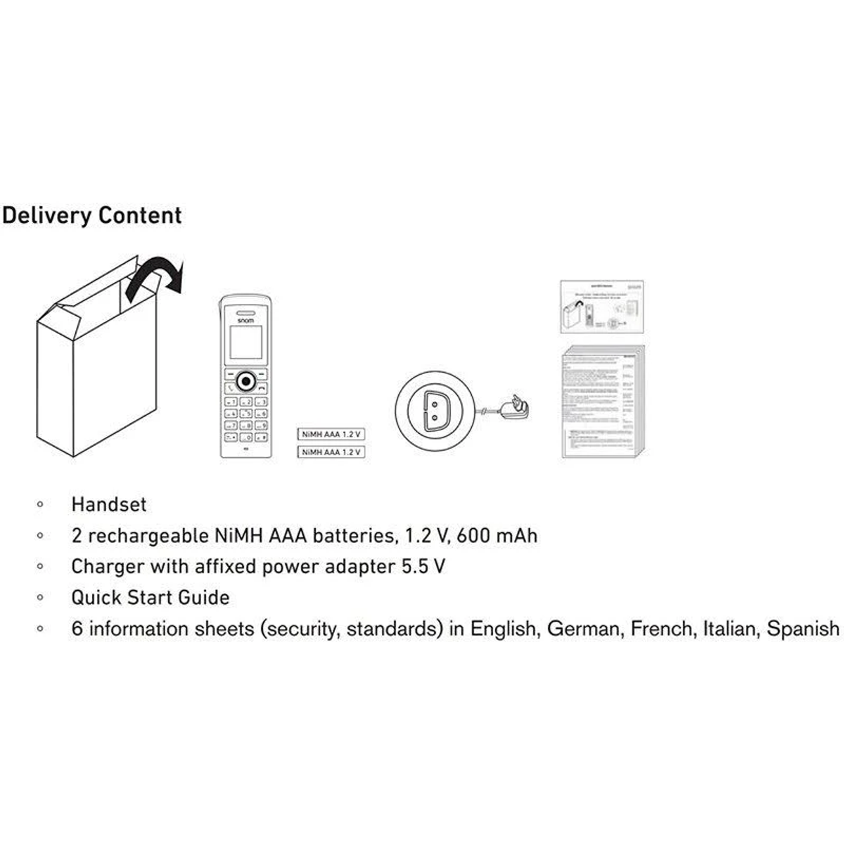 Ein Bild, das Produktverpackung und ein Handset mit Zubehör zeigt.