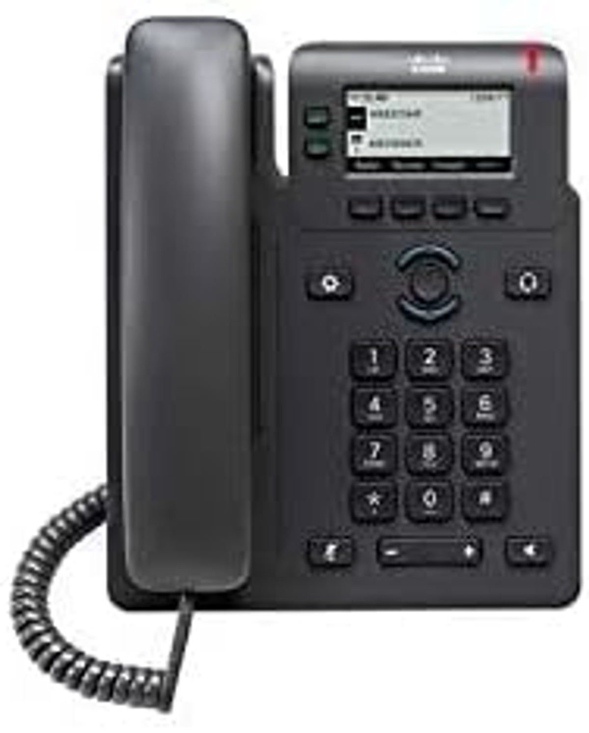 Telefono IP Cisco nero con display e tasti numerici. La cornetta è a sinistra.