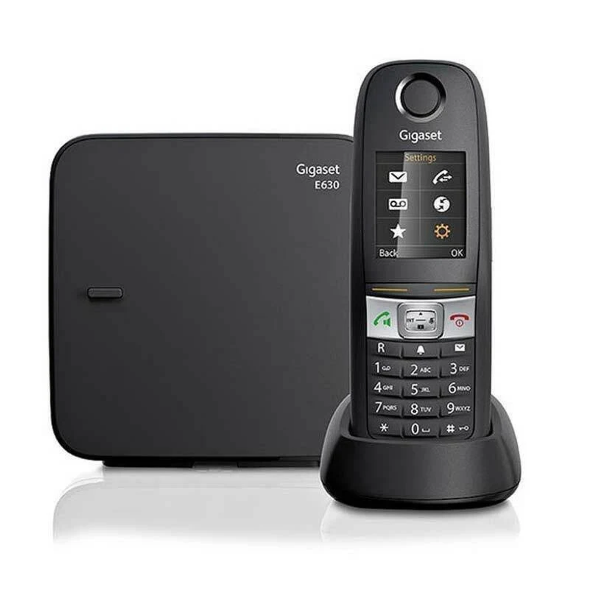 Czarny telefon bezprzewodowy Gigaset E630 ze stacją bazową, pokazujący interfejs telefonu.