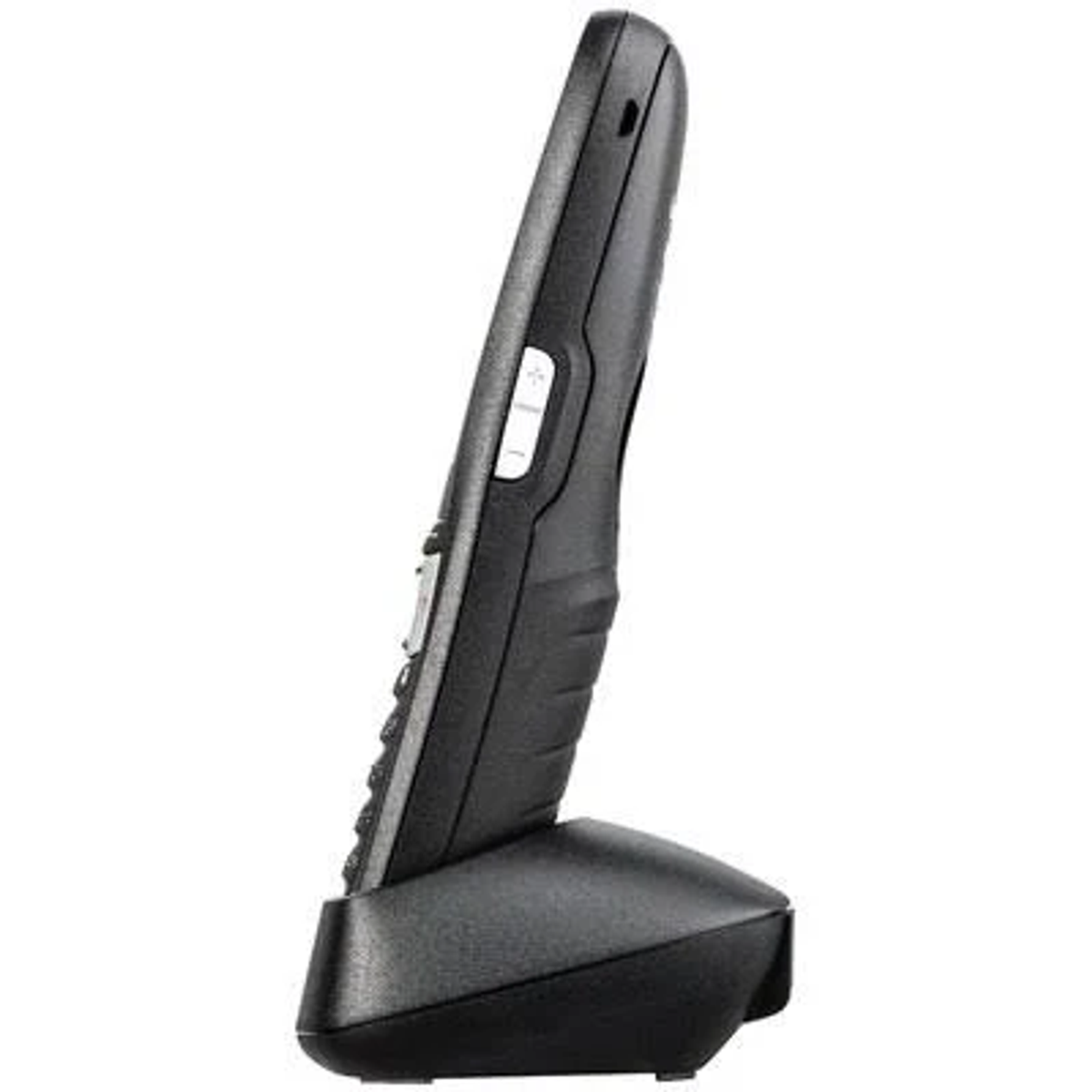 Czarny telefon bezprzewodowy na czarnej podstawie, widok z boku, widoczne przyciski. Tło jest białe.