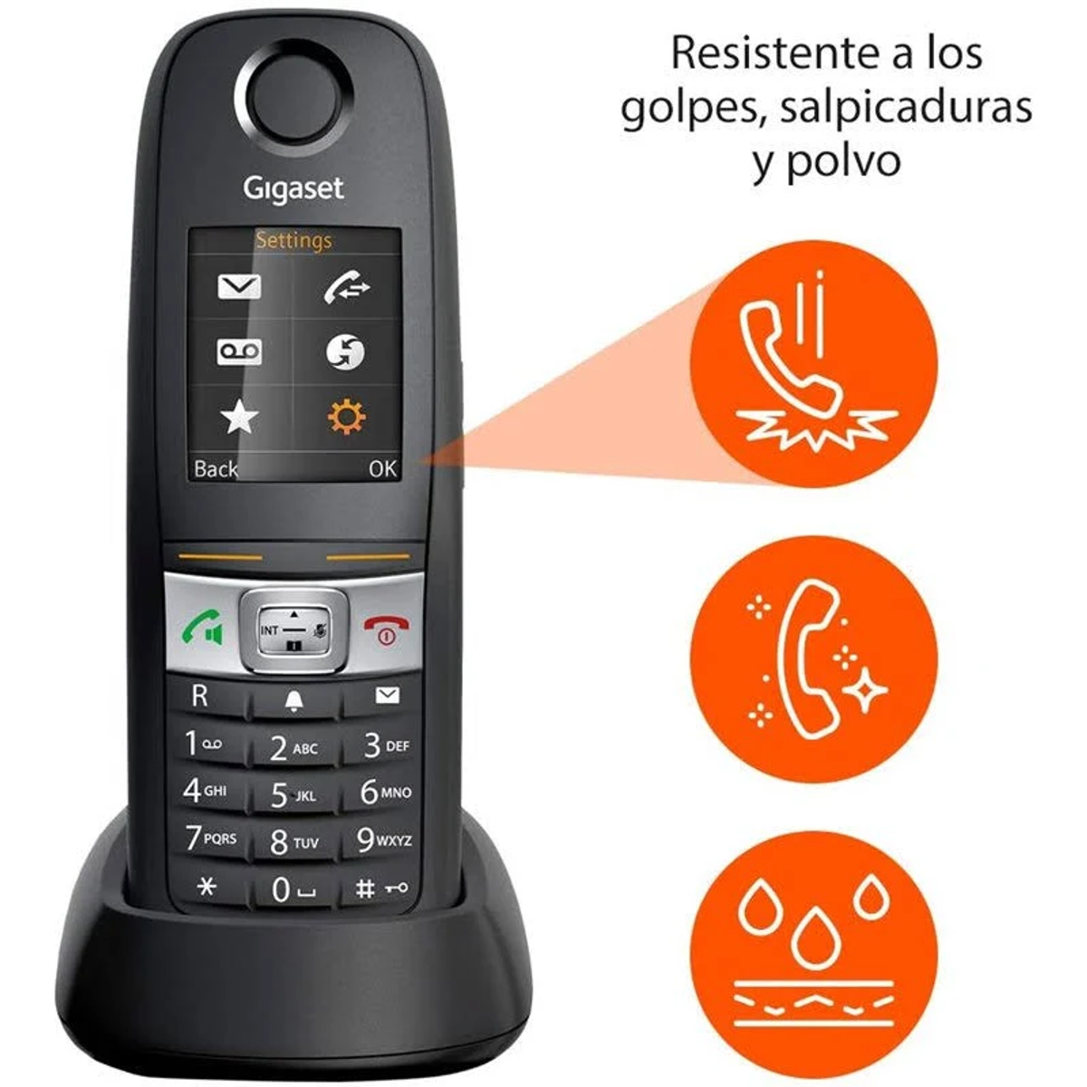 Czarny telefon bezprzewodowy z bazą i ikonami wskazującymi funkcje.