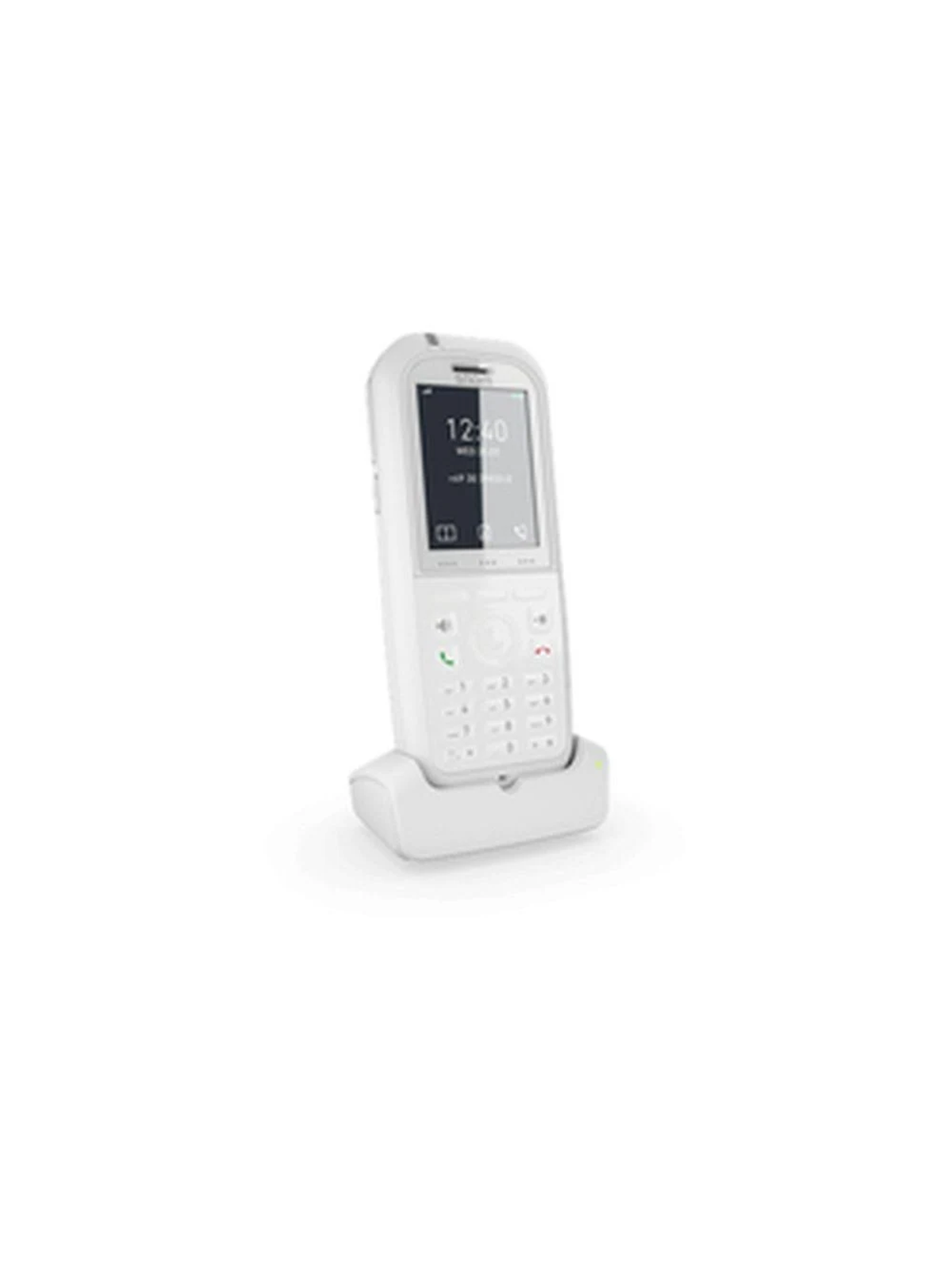 Weißes schnurloses Telefon mit Basis. Zeigt die Uhrzeit.