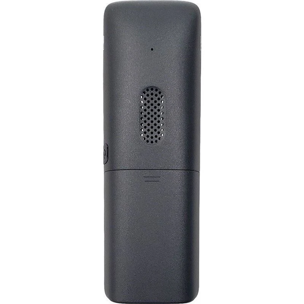 Solidne czarne prostokątne urządzenie z kratką głośnika i małym otworem z tyłu.