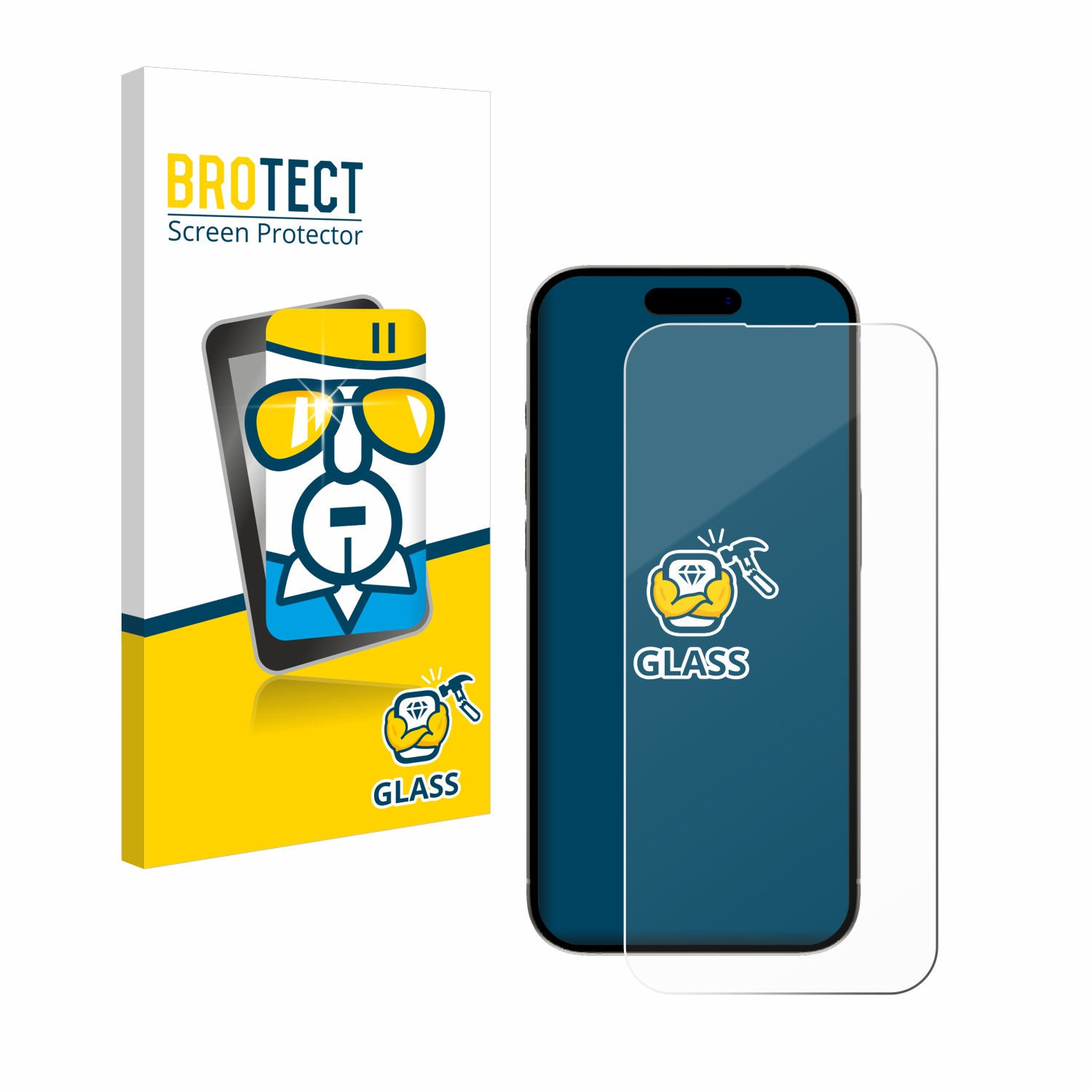 Smartphone mit Displayschutz und Verpackung. Die Verpackung sagt Glas.