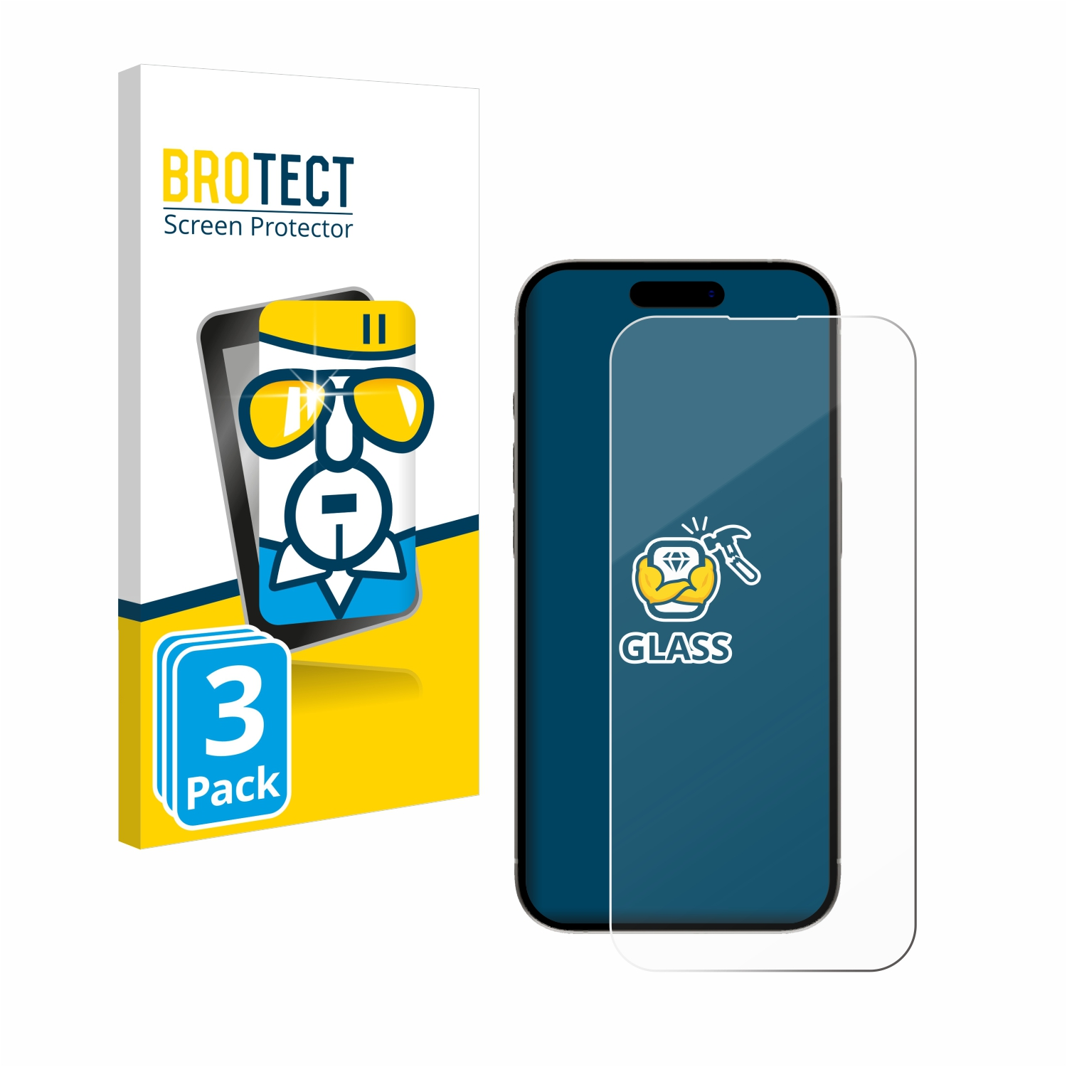 Eine Displayschutzfolienbox mit einem Telefon und einem Schutz daneben. Auf der Box steht 'BROTECT Screen Protector'.