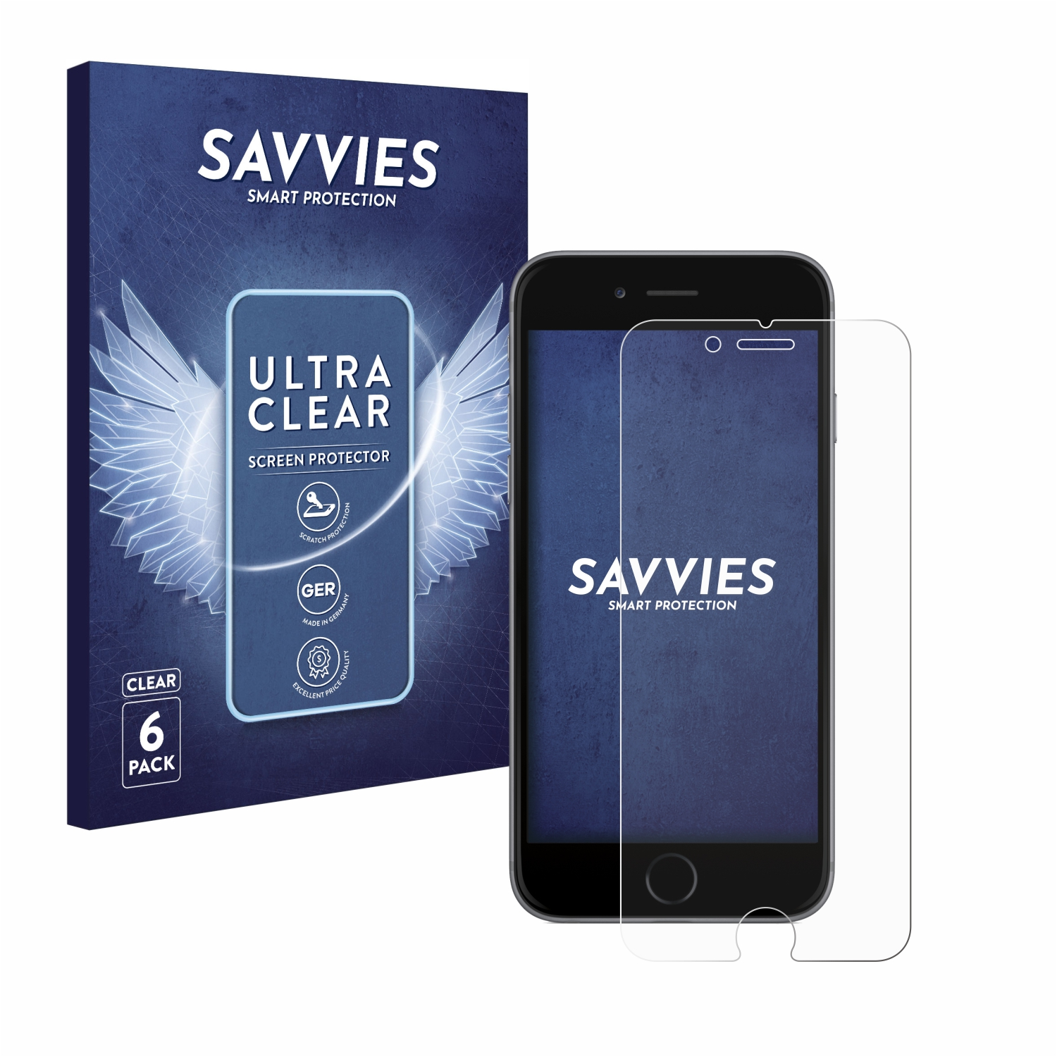 Displayschutzfolien-Box, Telefon und Schutzfolie. Box und Schutzfolie vor dem Telefon.