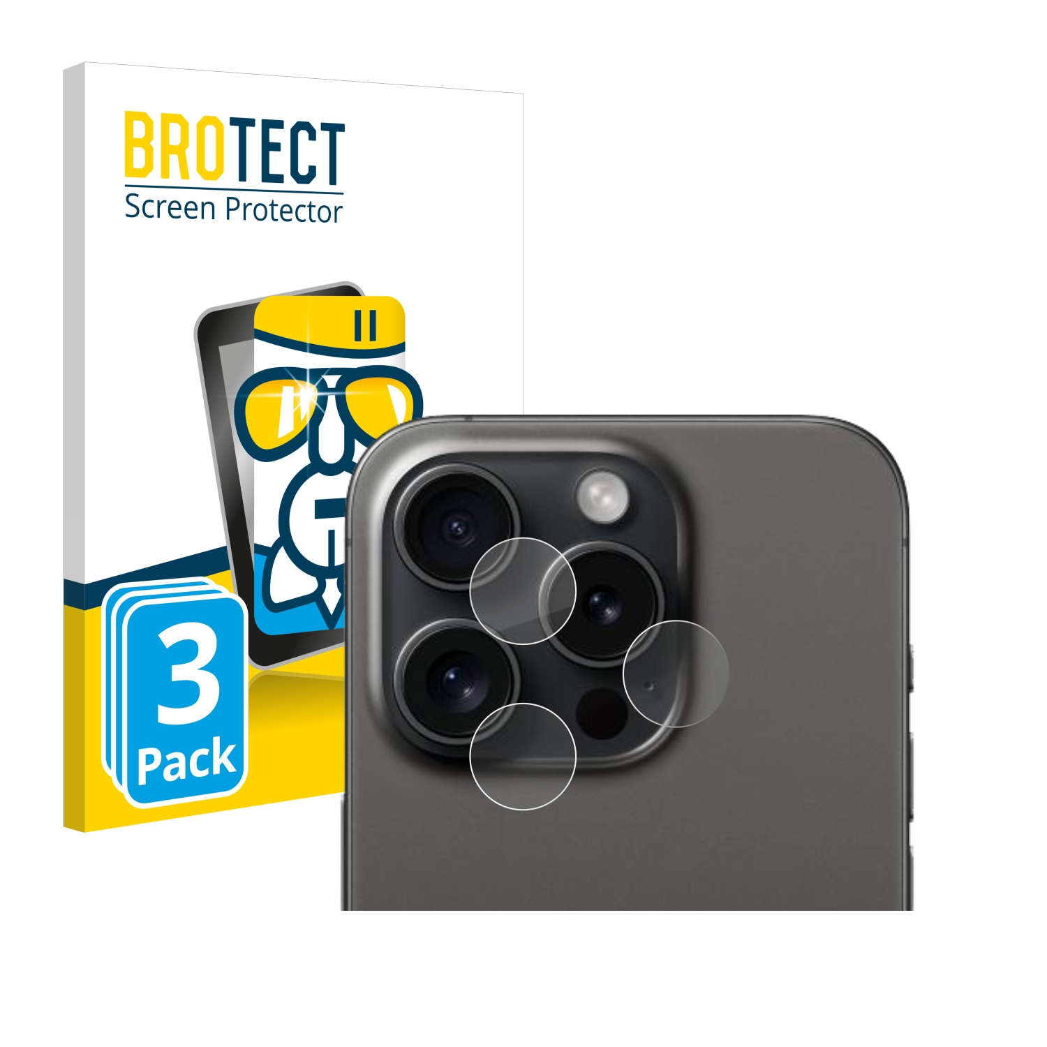 Telefonkameraobjektive mit transparenten Protektoren und Verpackungskarton im Hintergrund.