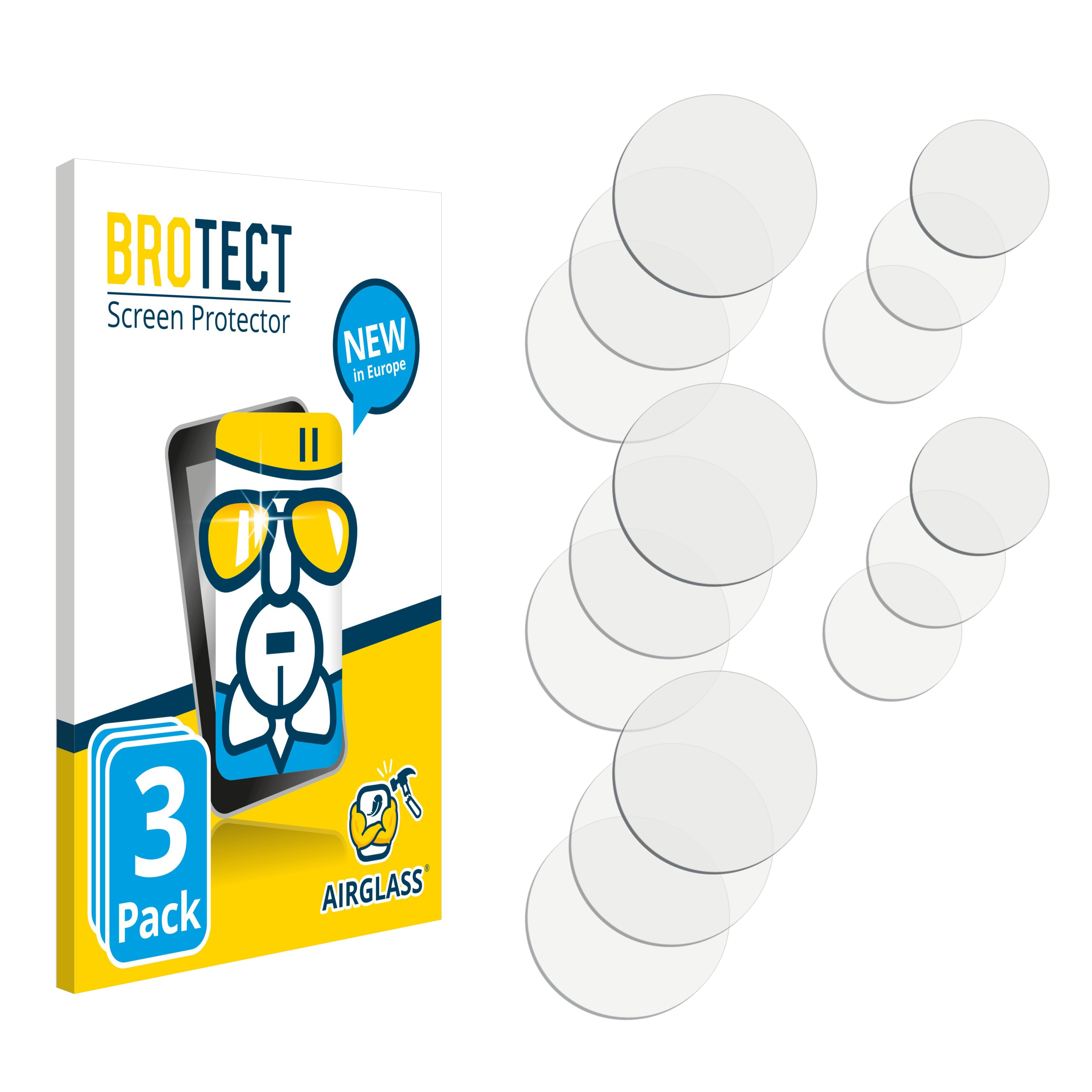 Eine Verpackung und mehrere Displayschutzfolien. Die Verpackung zeigt ein Telefon und den Text 'AIRGLASS'.