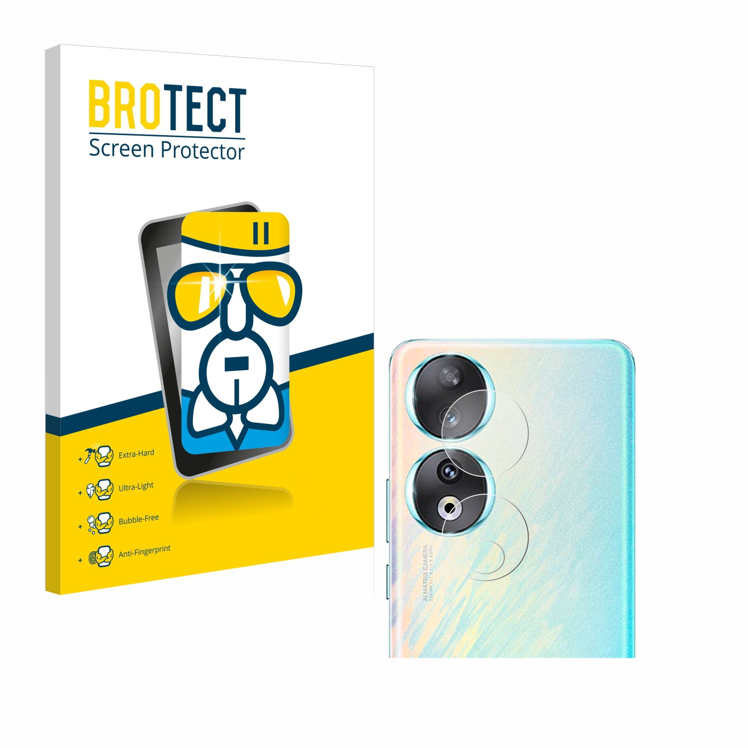 Eine Schachtel mit Displayschutz und ein Telefon mit Displayschutz. Die Schachtel ist gelb und weiß.