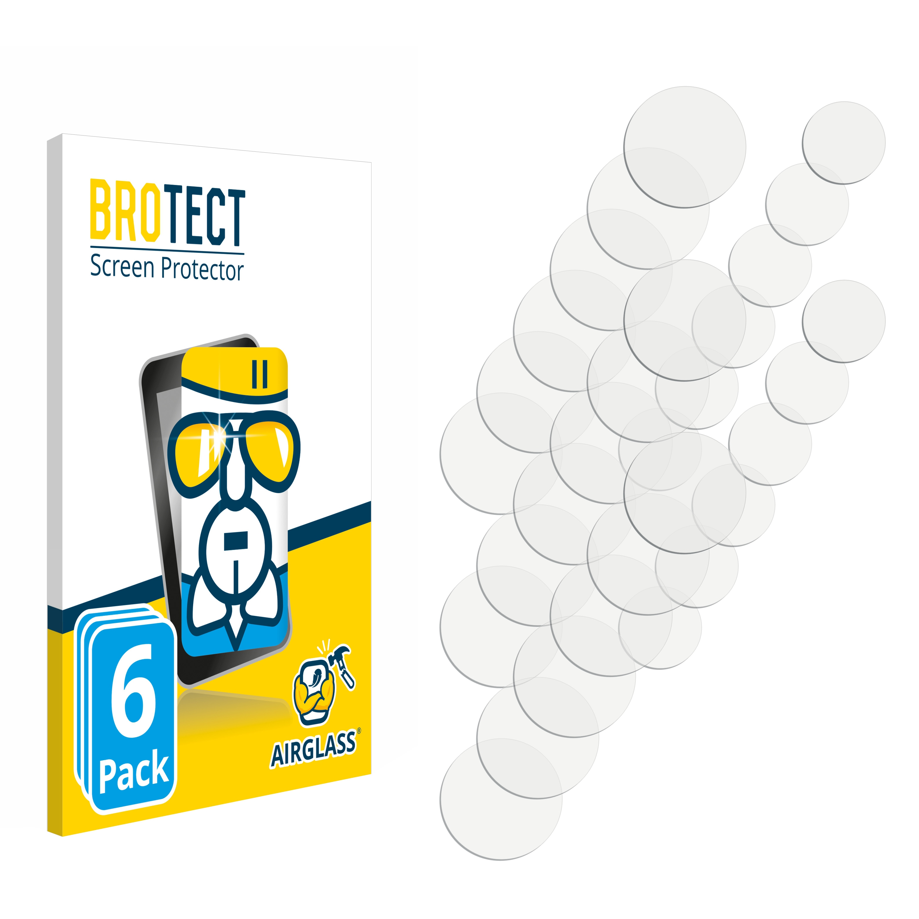Brotect Displayschutzfolienbox und viele klare, kreisförmige Displayschutzfolien auf Weiß.