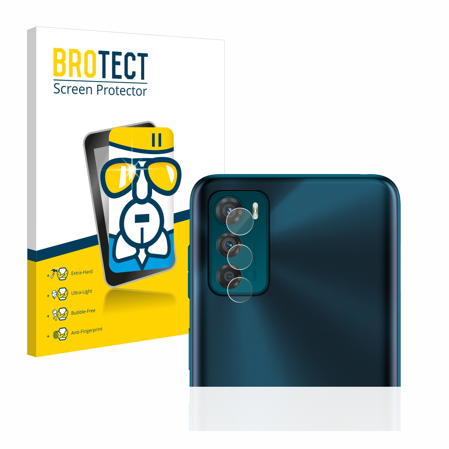 Ein Telefon mit einer Displayschutzfolienverpackung. Die Packung zeigt eine Displayschutzfolie mit Logo. Das Telefon hat Kameraobjektivschutz.