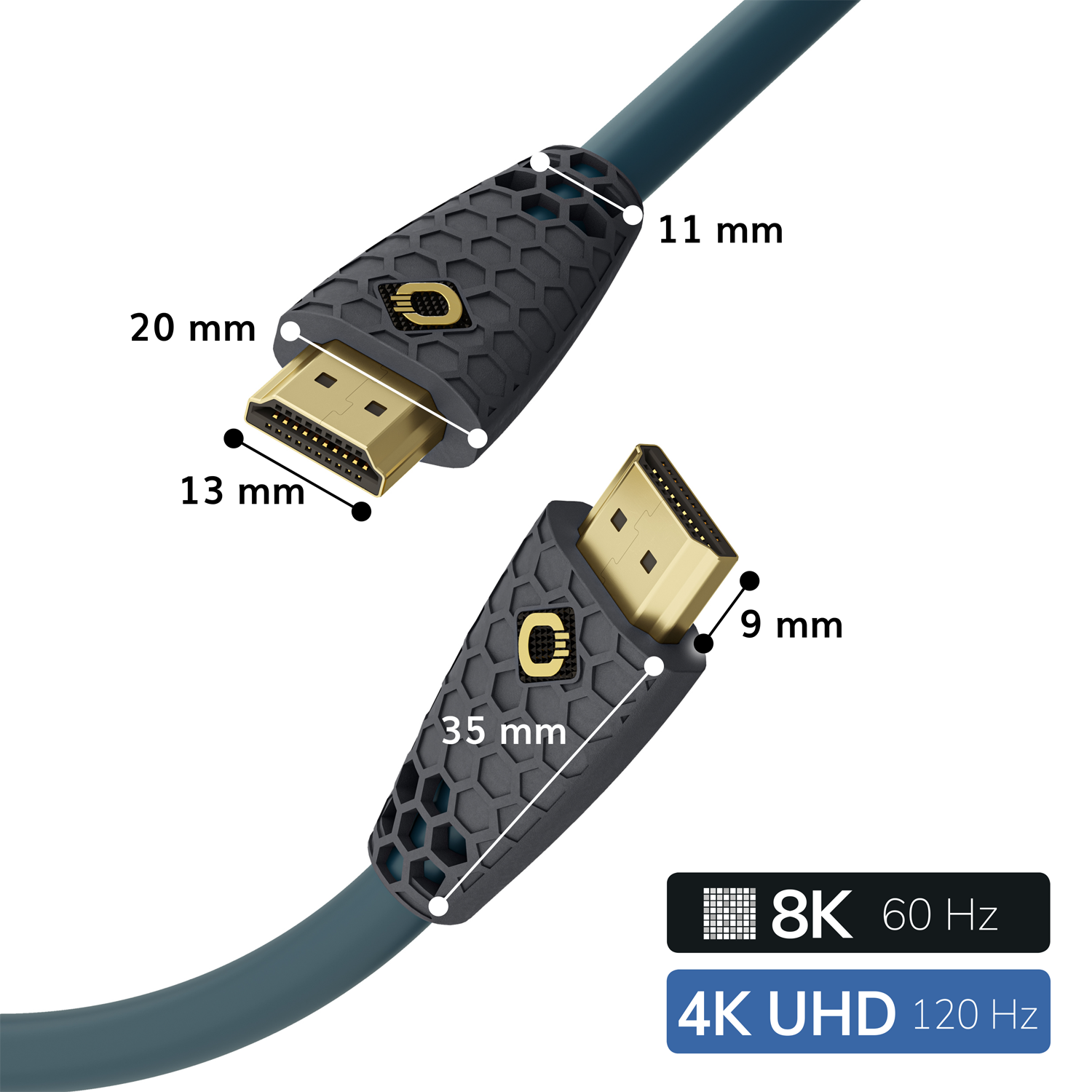 Zwei HDMI-Kabel mit Abmessungen. Sie haben goldene Stecker mit Wabenmuster an den Enden.