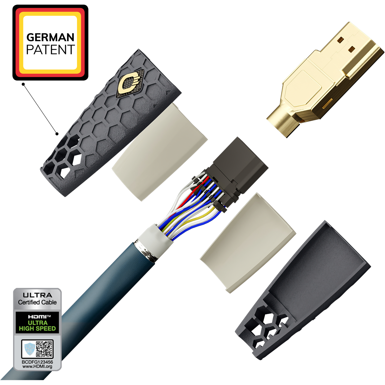Zerlegtes USB-Kabel mit goldfarbenem Stecker, schwarzem und grauem Gehäuse und freiliegenden Drähten. 'GERMAN PATENT' steht oben.