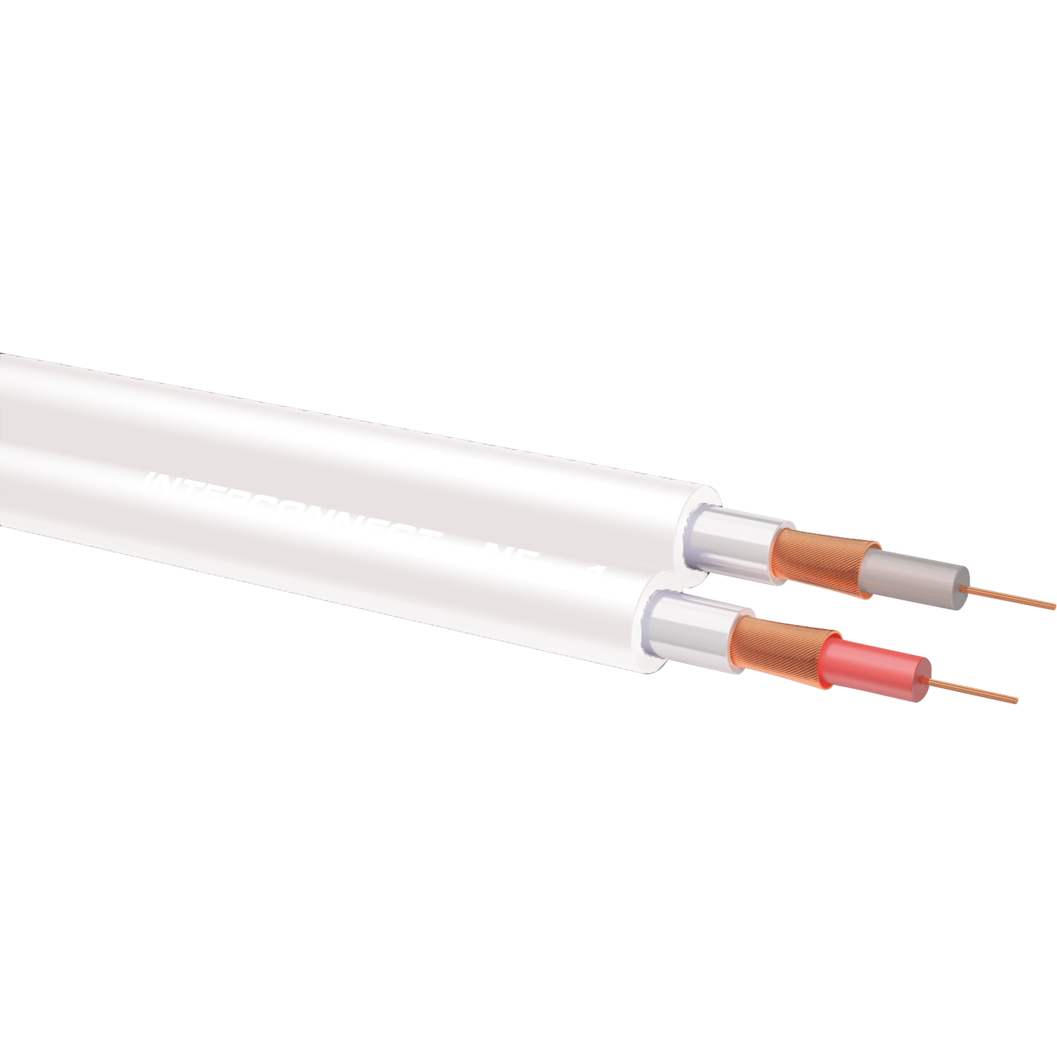 Zwei weiße Koaxialkabel mit abgeschnittenen Enden. Die Innenleiter sind Kupfer und rot, umgeben von grauer Isolierung.