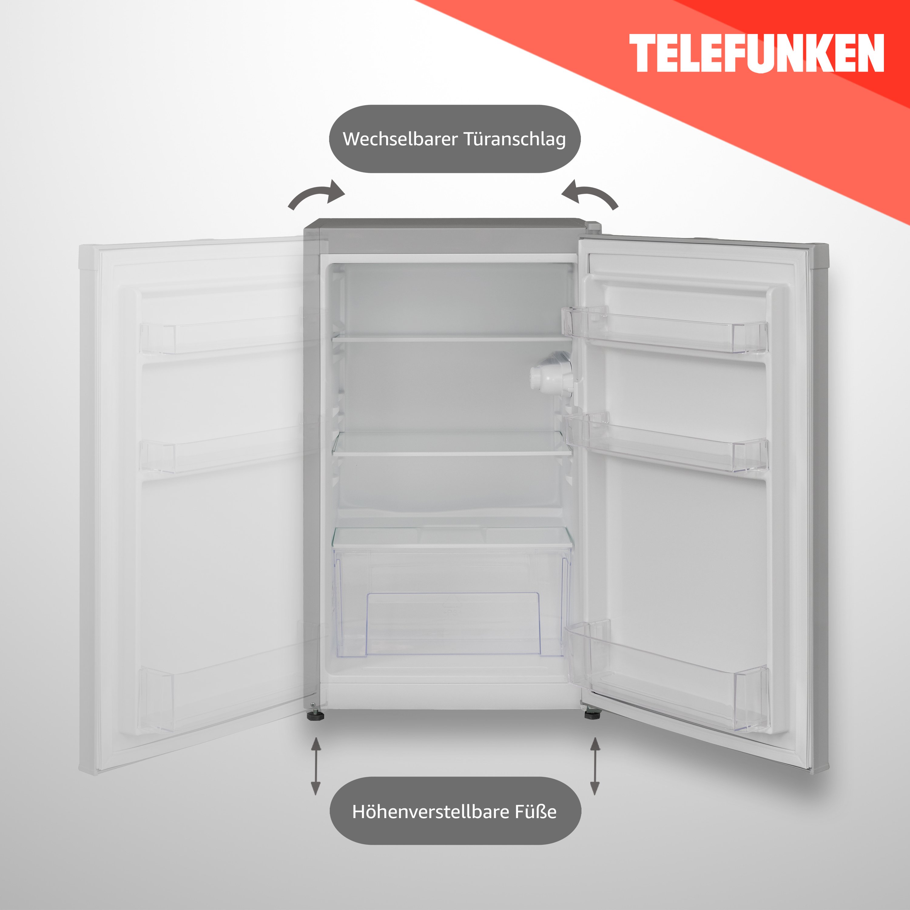 Geöffneter weißer Telefunken Kühlschrank mit Innenansicht, Pfeilen und Text.