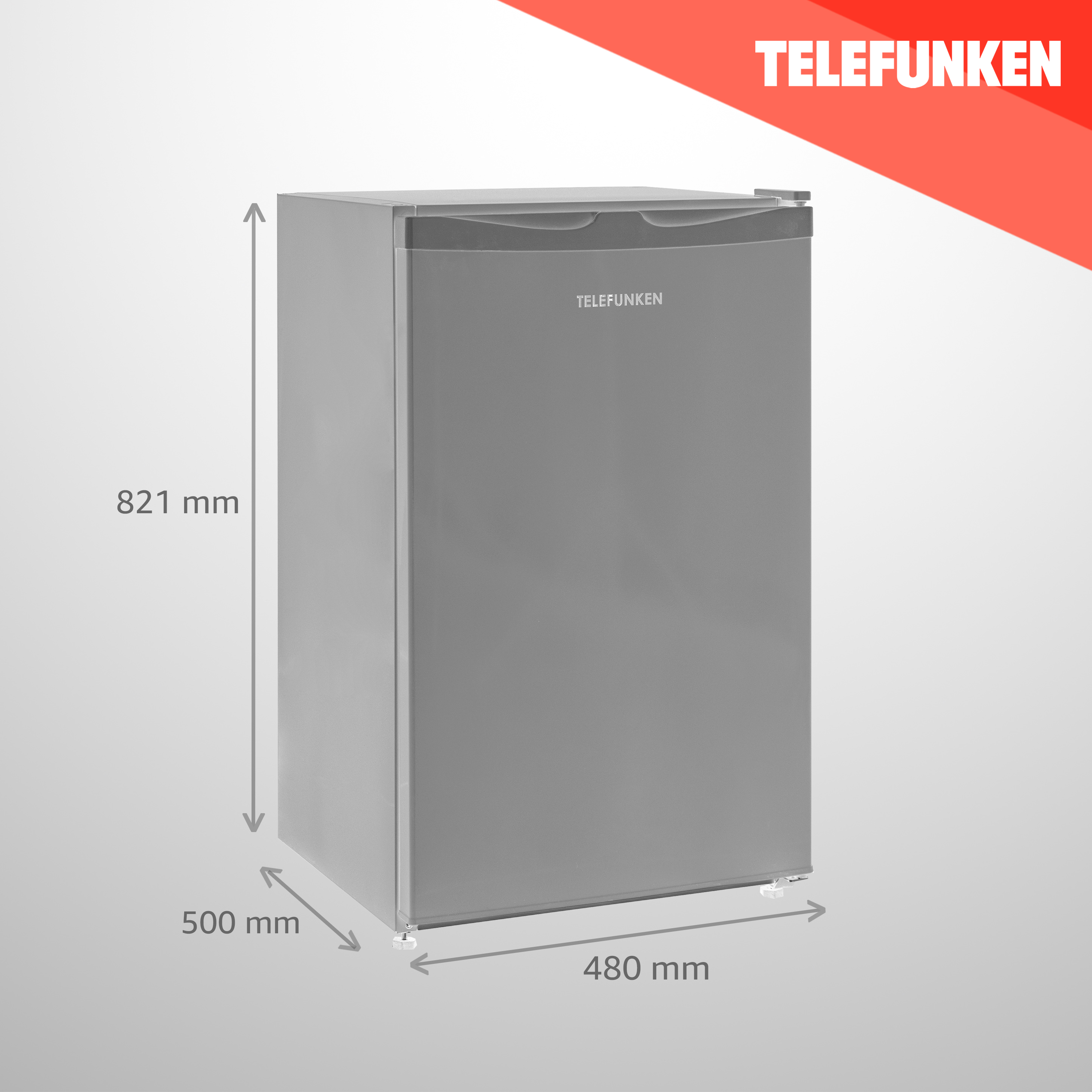 Ein silberner Telefunken-Kühlschrank mit Abmessungen und Markennamen.