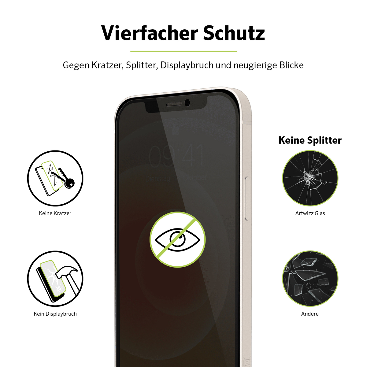 Telefonanzeige mit Schutzfunktionen, Text: keine Kratzer, kein Displaybruch, keine Splitter.