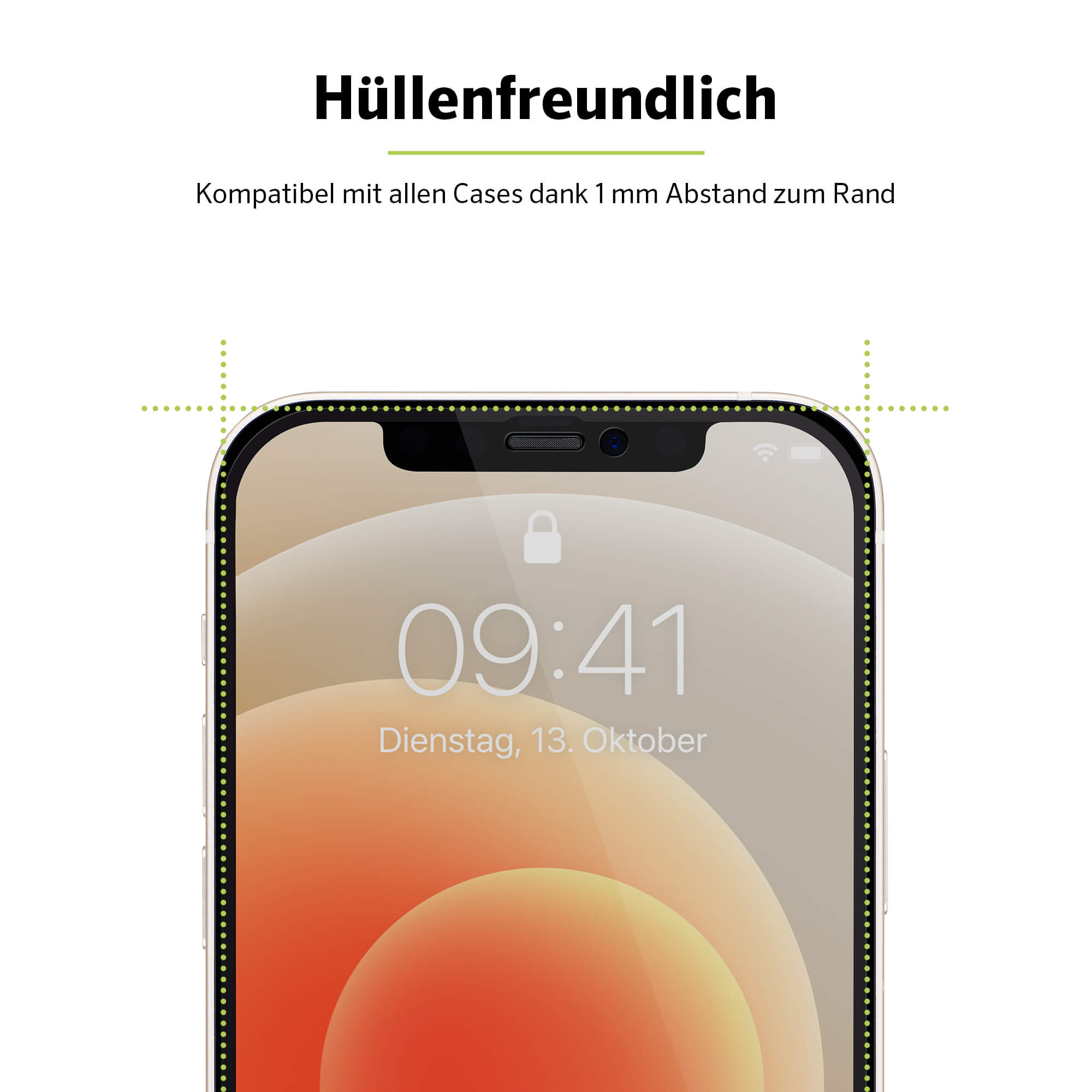 Nahaufnahme eines Telefonbildschirms mit Text, einem Schloss-Symbol und einem hellorangen Hintergrund. Es ist in einem Gehäuse.