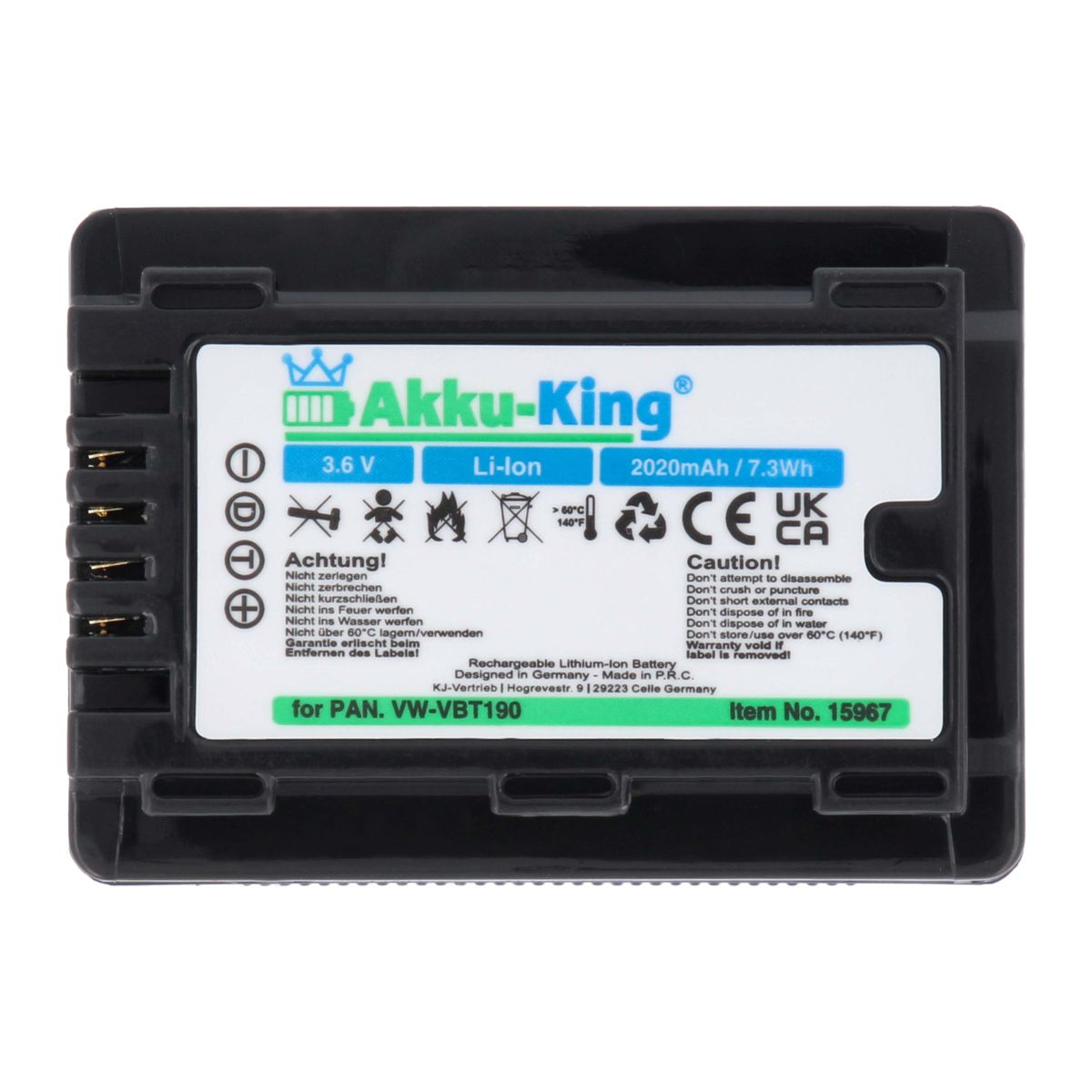 AKKU-KING Akku kompatibel mit Panasonic 3.6 VW-VBT190 Kamera-Akku, 2020mAh Li-Ion Volt