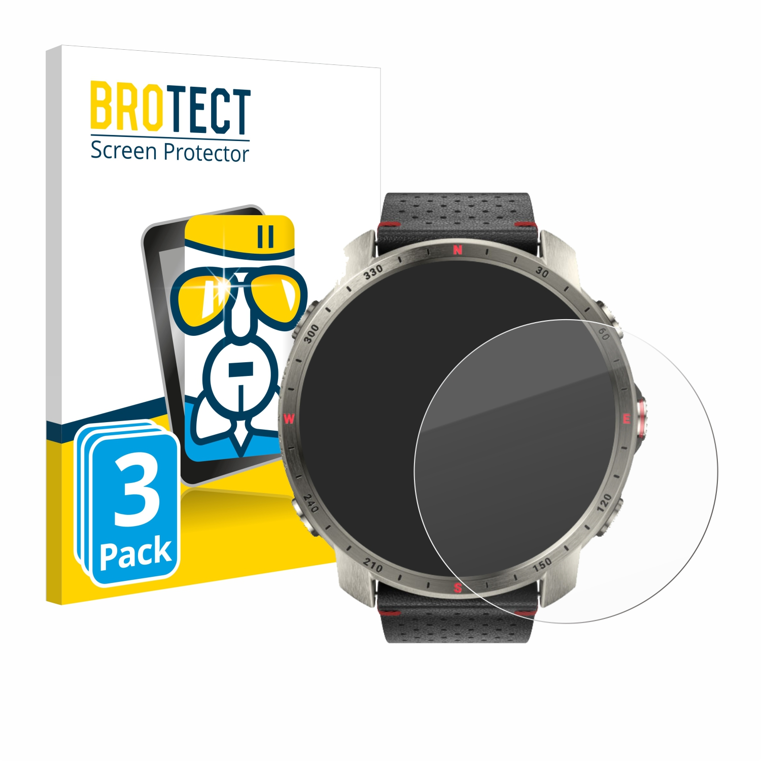 Eine Bildschirmschutzbox mit einer Smartwatch und einer Displayschutzfolie dafür. Die Box sagt 'BROTECT Screen Protector'.