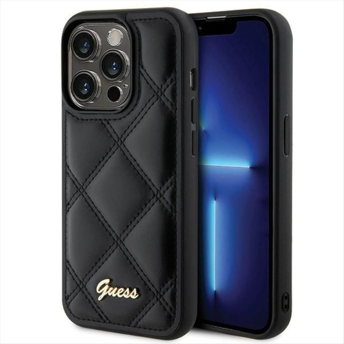Max, Apple, Logo Quilted Schwarz 15 Backcover, iPhone Hülle, Pro GUESS Metal Design