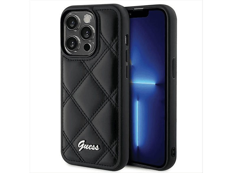 GUESS Quilted Metal Logo Design Hülle, Backcover, Apple, iPhone 15 Pro Max, Schwarz