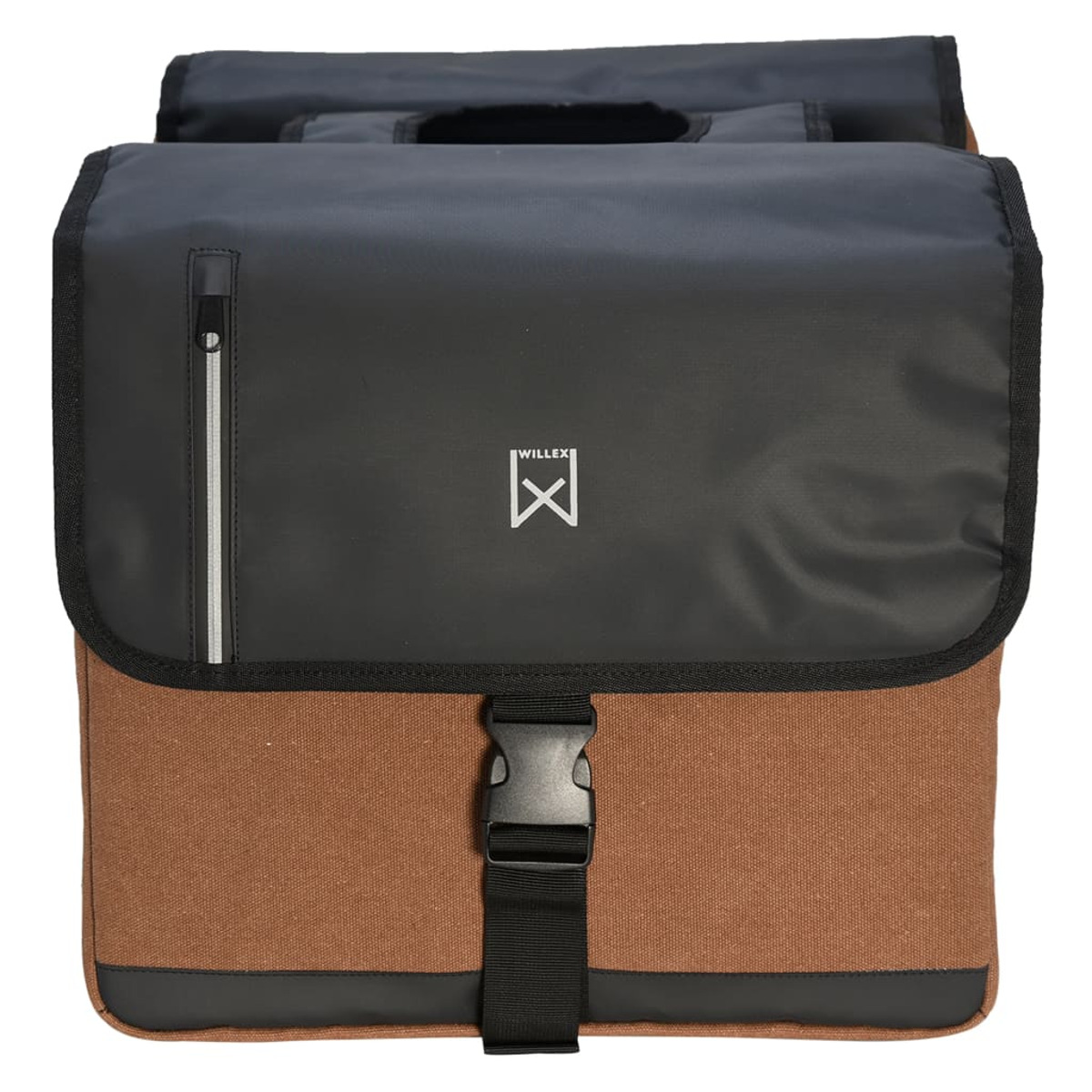 Eine braune und schwarze Fahrradtasche mit schwarzer Schnalle und Reißverschluss.
