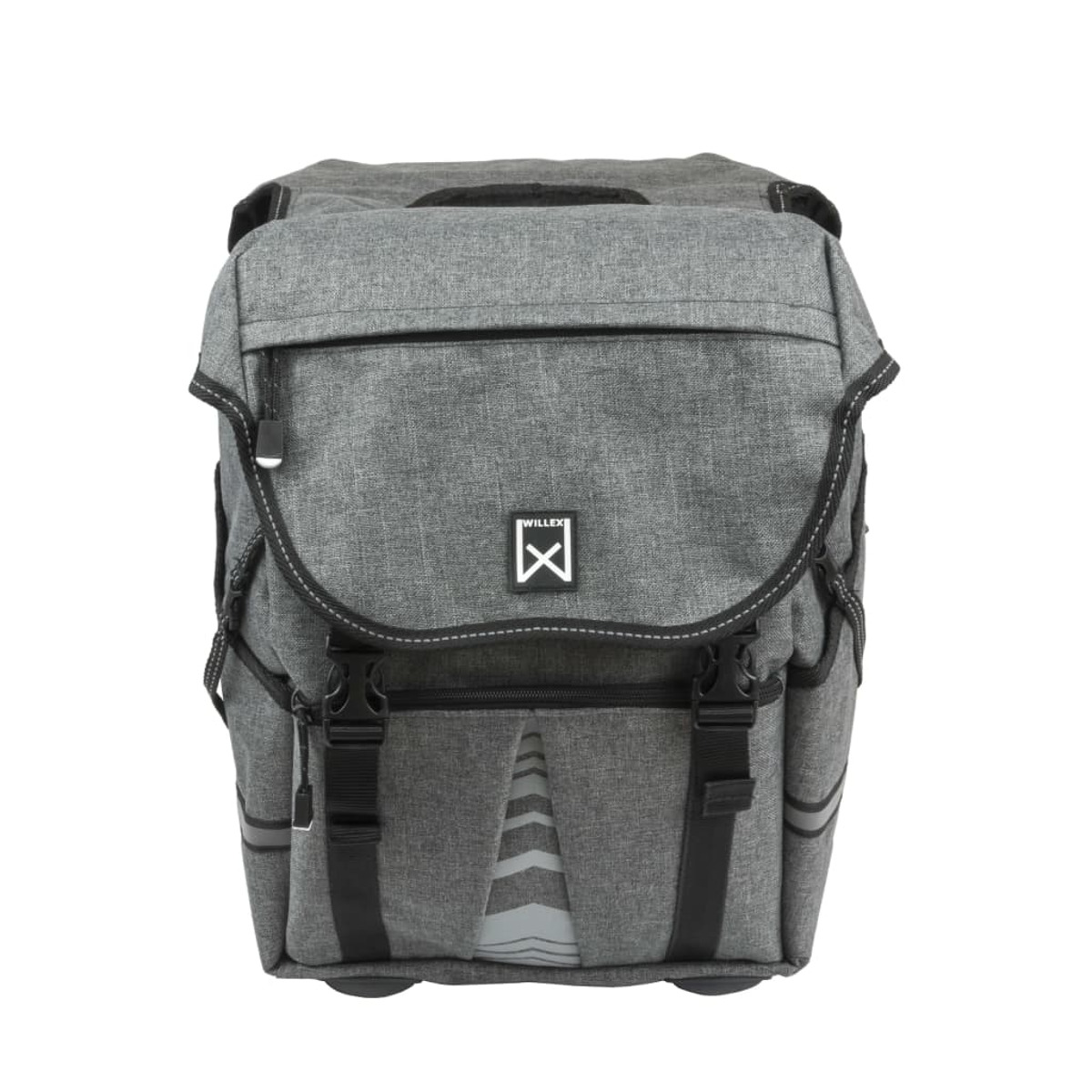 Grauer Rucksack mit schwarzen Akzenten und Reflexstreifen, auf weißem Hintergrund.