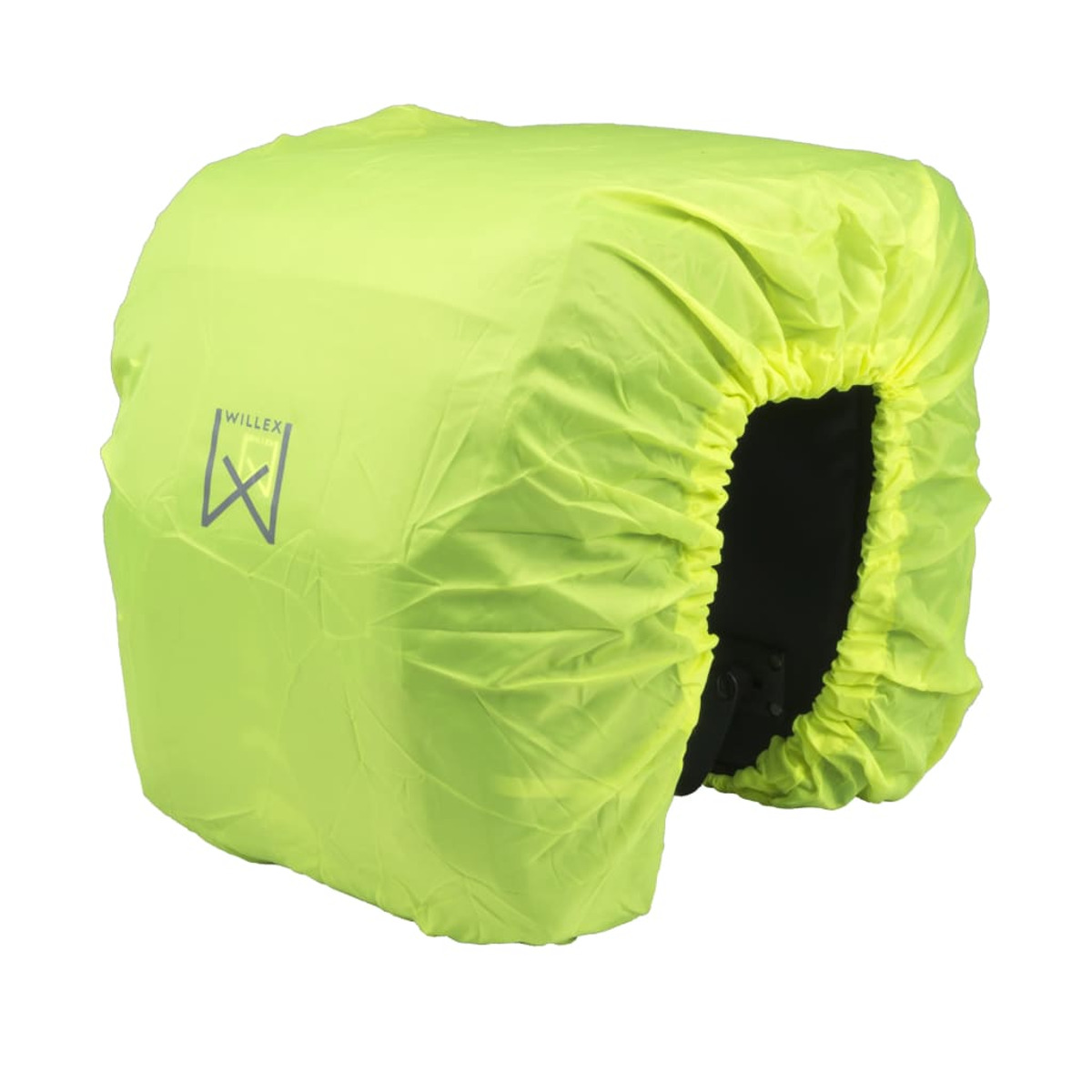 Hellgrüne Regenhülle über einer schwarzen Fahrradtasche.
