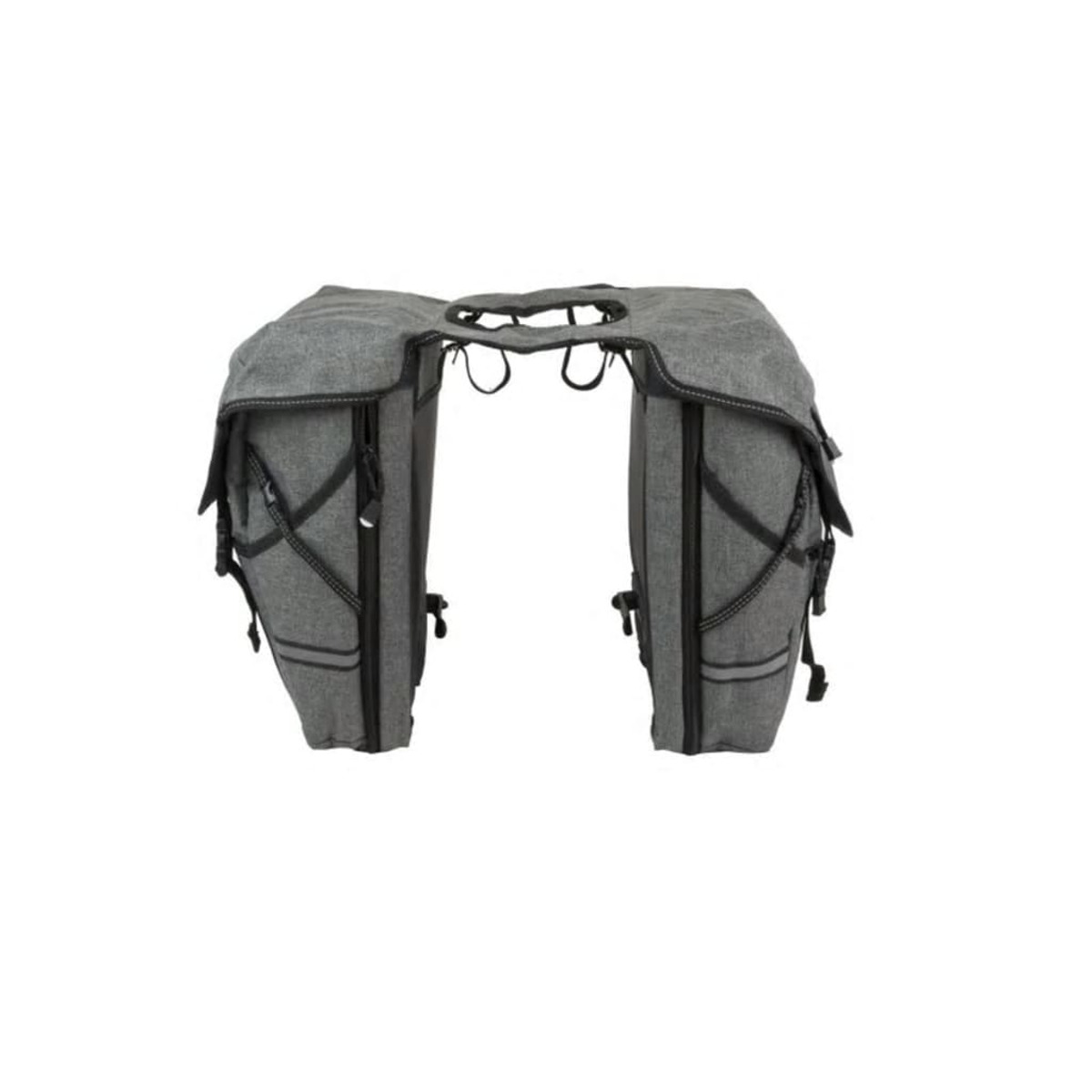 Ein Paar graue Fahrradtaschen mit schwarzen Akzenten, vor weißem Hintergrund.