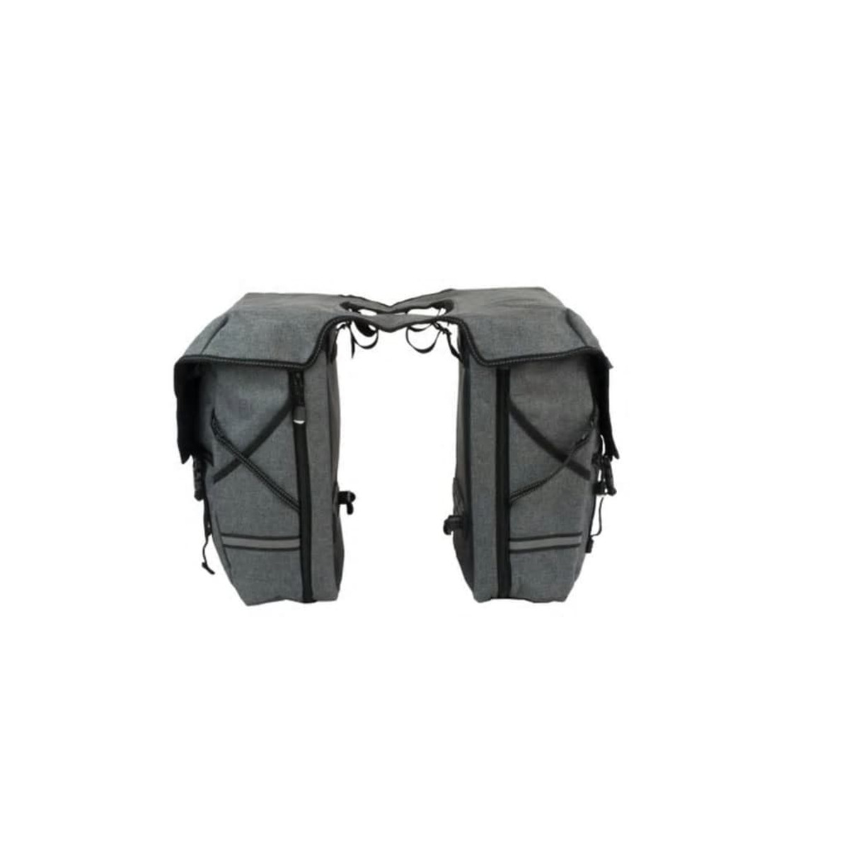 Dwie szare torby rowerowe w stylu sakw. Każda torba ma czarne paski i odblaskowy pasek.