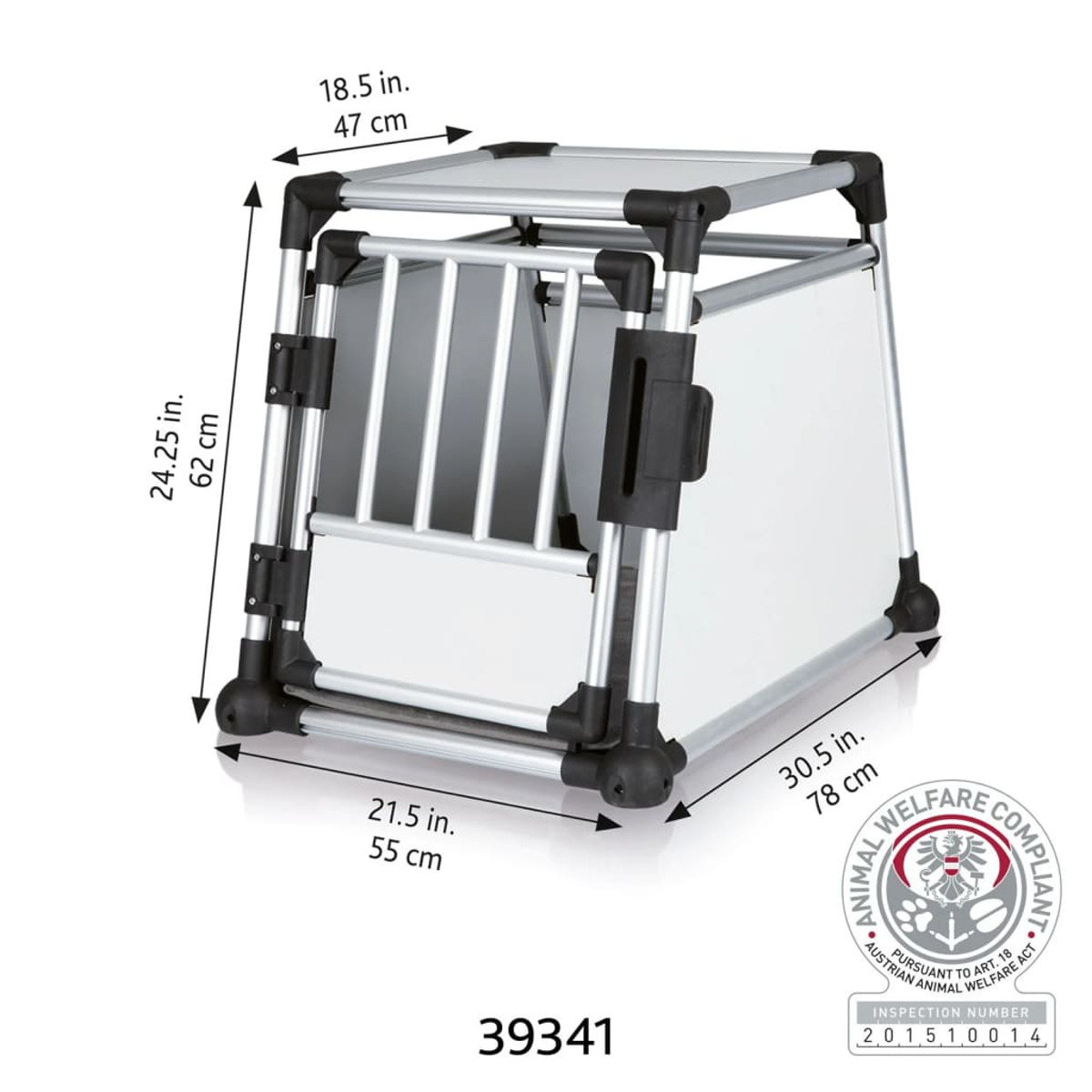 Metall-Hundebox. Schwarze Ecken. Maße: 18,5x47cm, 24,25x62cm, 21,5x55cm, 30,5x78cm. Tiergerecht.