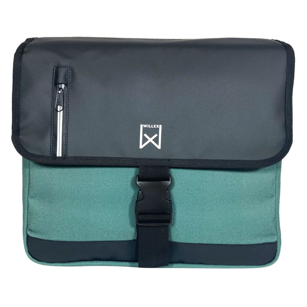Eine grüne und schwarze Tasche mit Klappe und Schnalle.