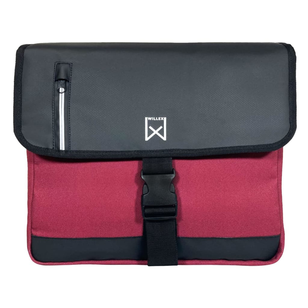 Eine rote und schwarze Messenger-Tasche mit Schnalle. Auf der Tasche steht das Wort 'WILLEX' und ein Logo.