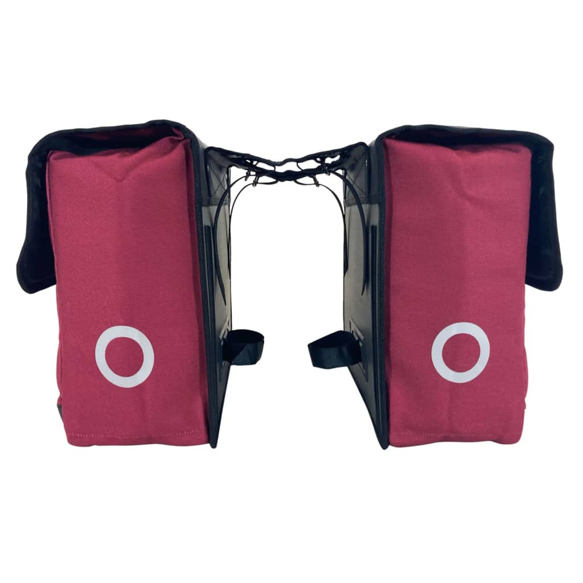 Rote Fahrradpacktaschen mit weißen Kreisen, schwarzen Details und einer schwarzen Tragstruktur.
