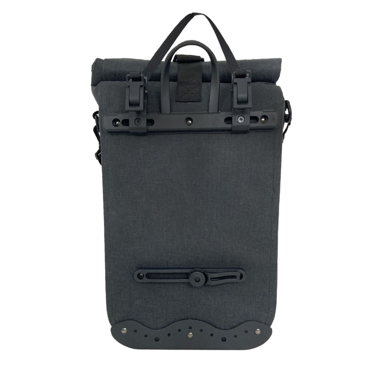 Dunkelgraue, rechteckige Fahrrad-Gepäcktasche mit zwei Griffen und Befestigungssystem.