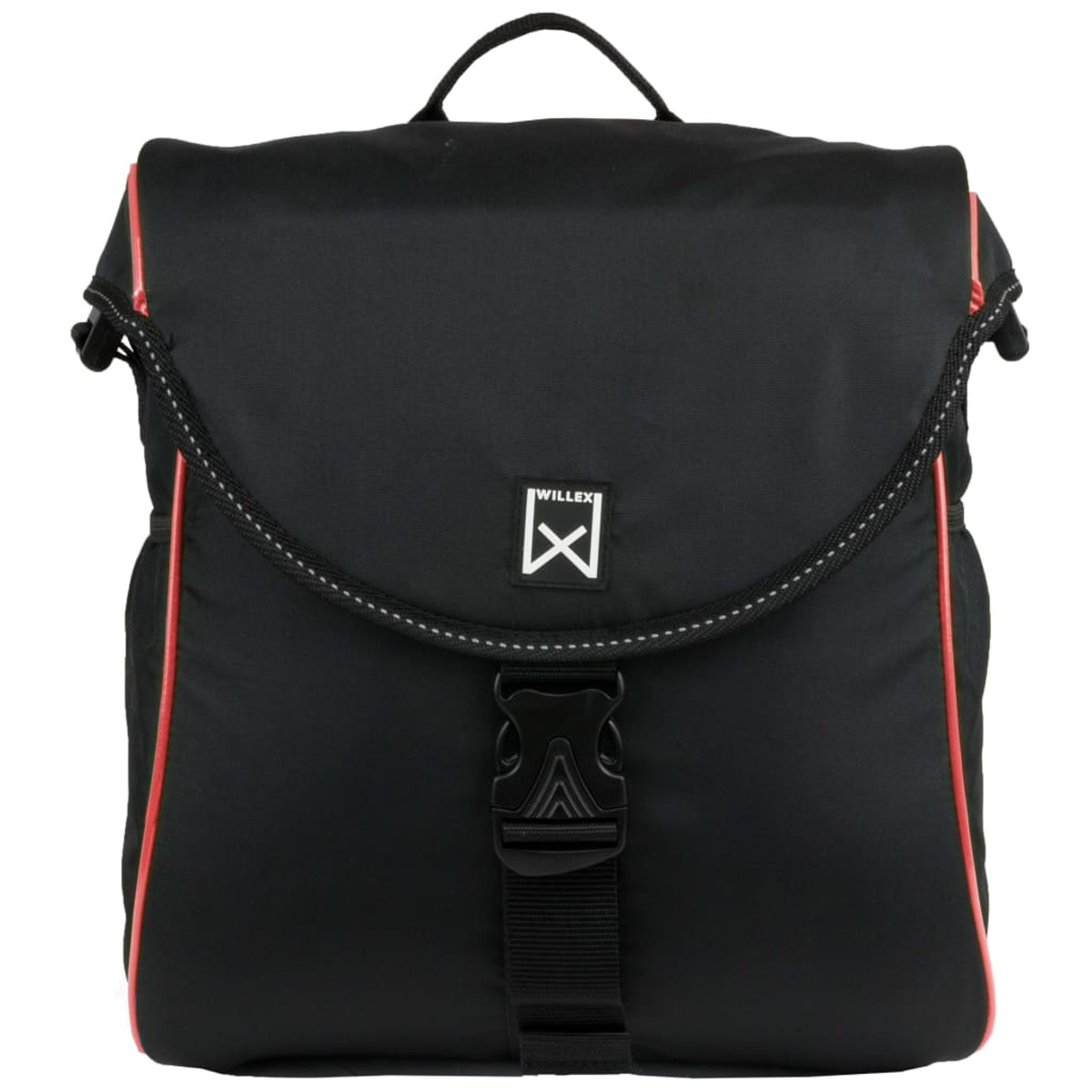 Schwarze Tasche mit Klappe und roten Details. Weißes Logo vorne.