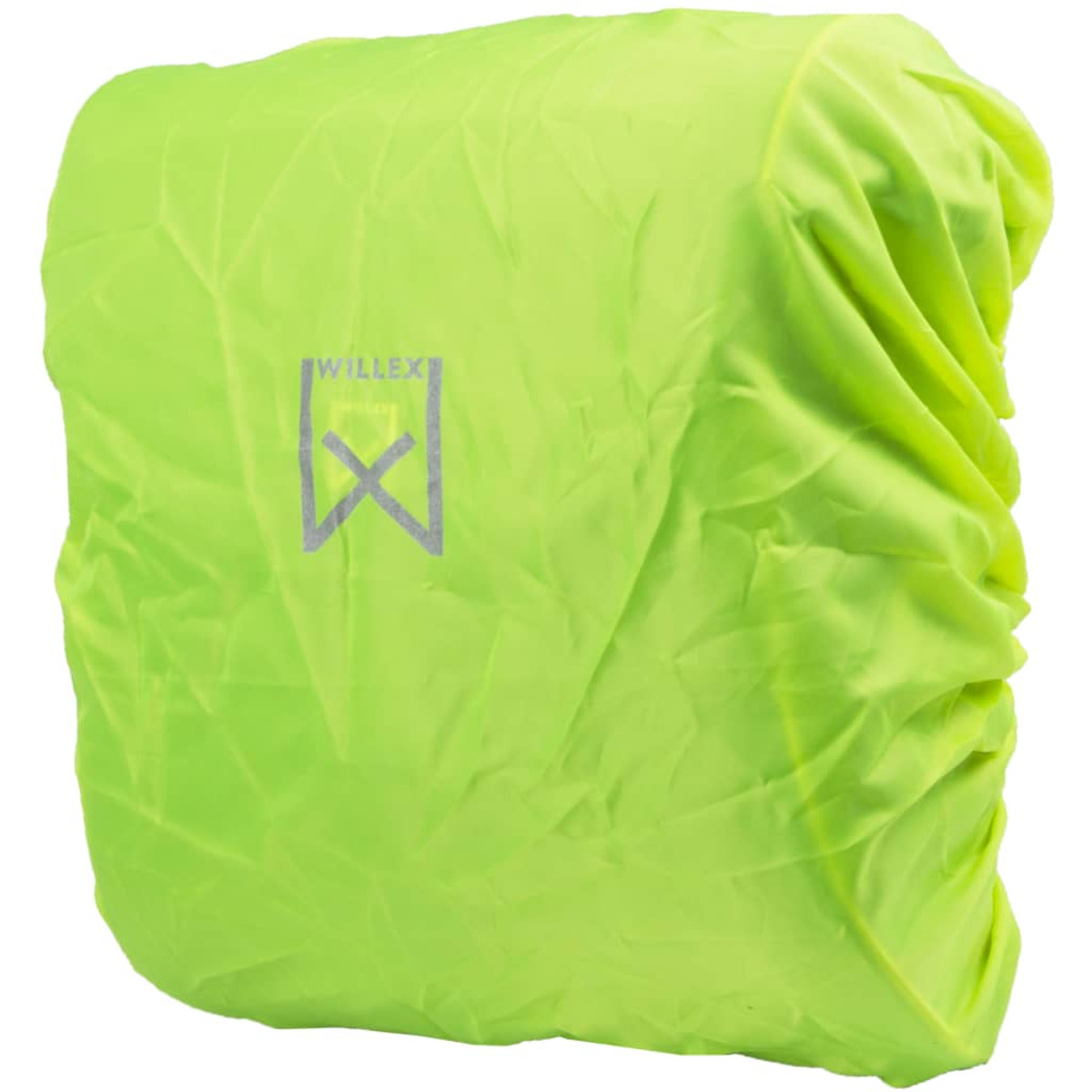 Eine hellgrüne Abdeckung über einem Rucksack. Es hat ein Logo und ist auf weißem Hintergrund.