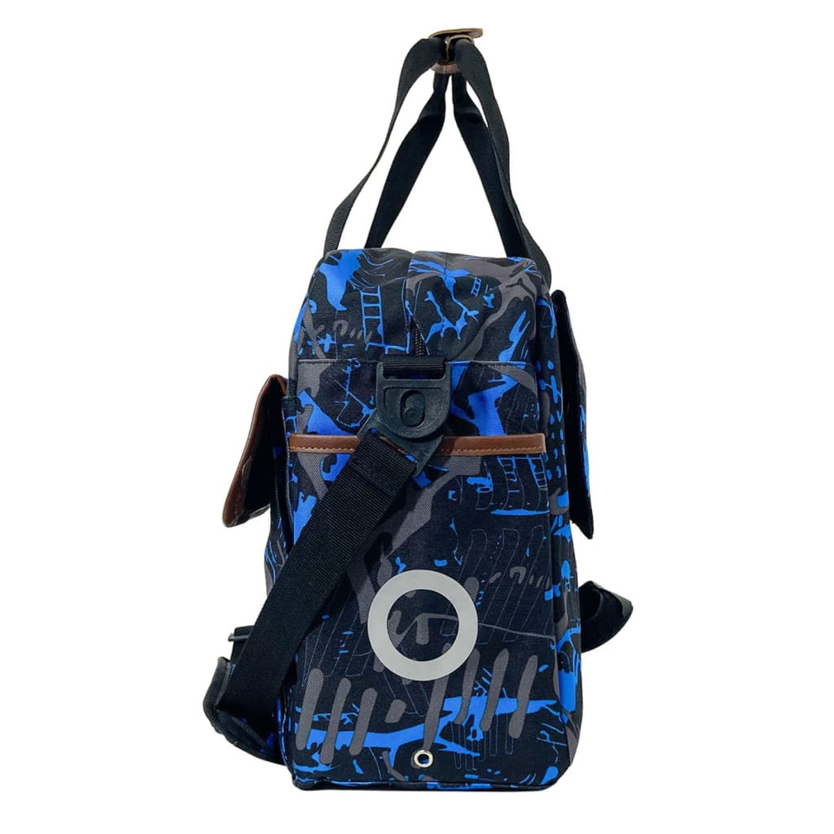 Blau-schwarz gemusterte Tasche mit weißem Kreisdesign und braunen Lederakzenten.