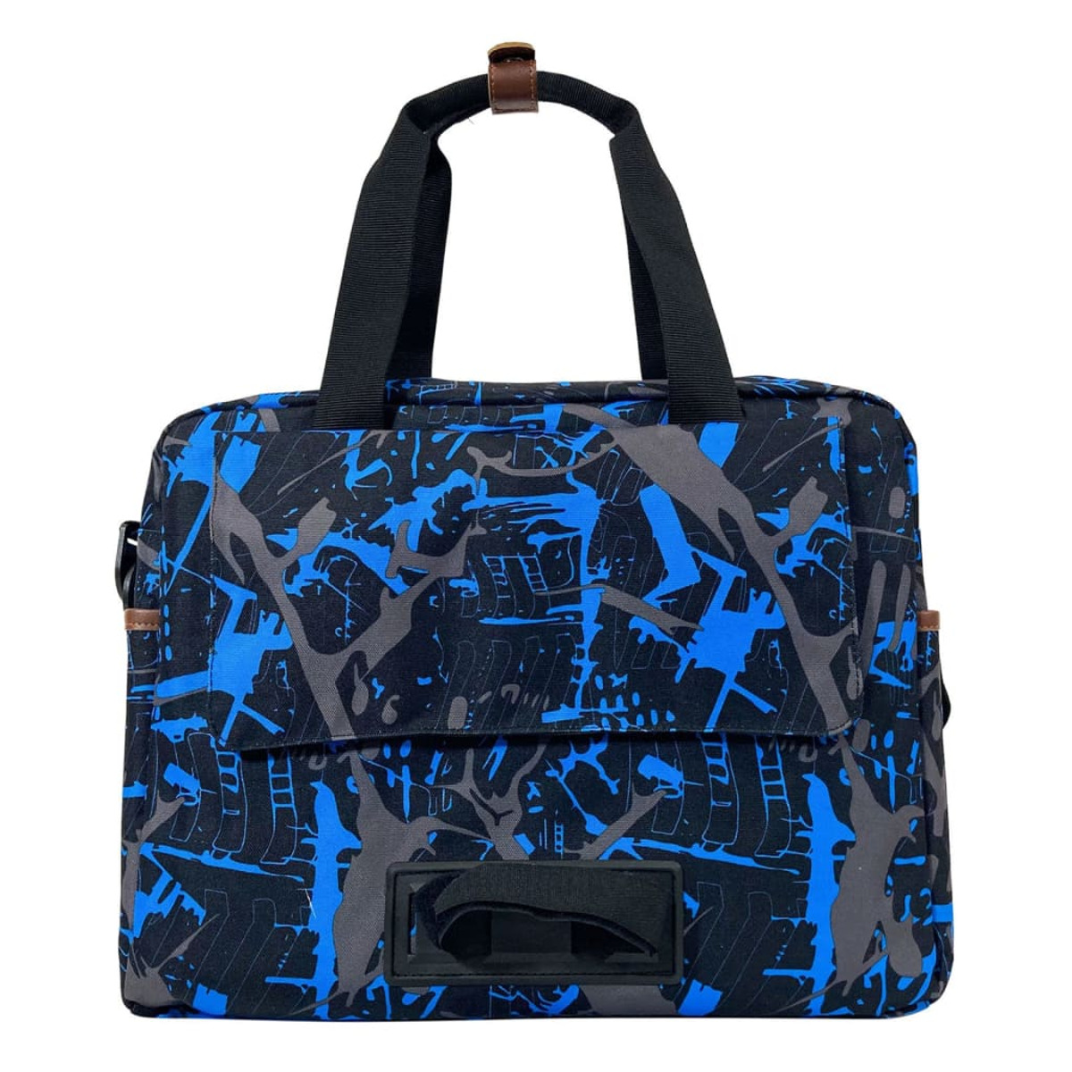 Eine blaue und schwarze Laptoptasche mit Griff.
