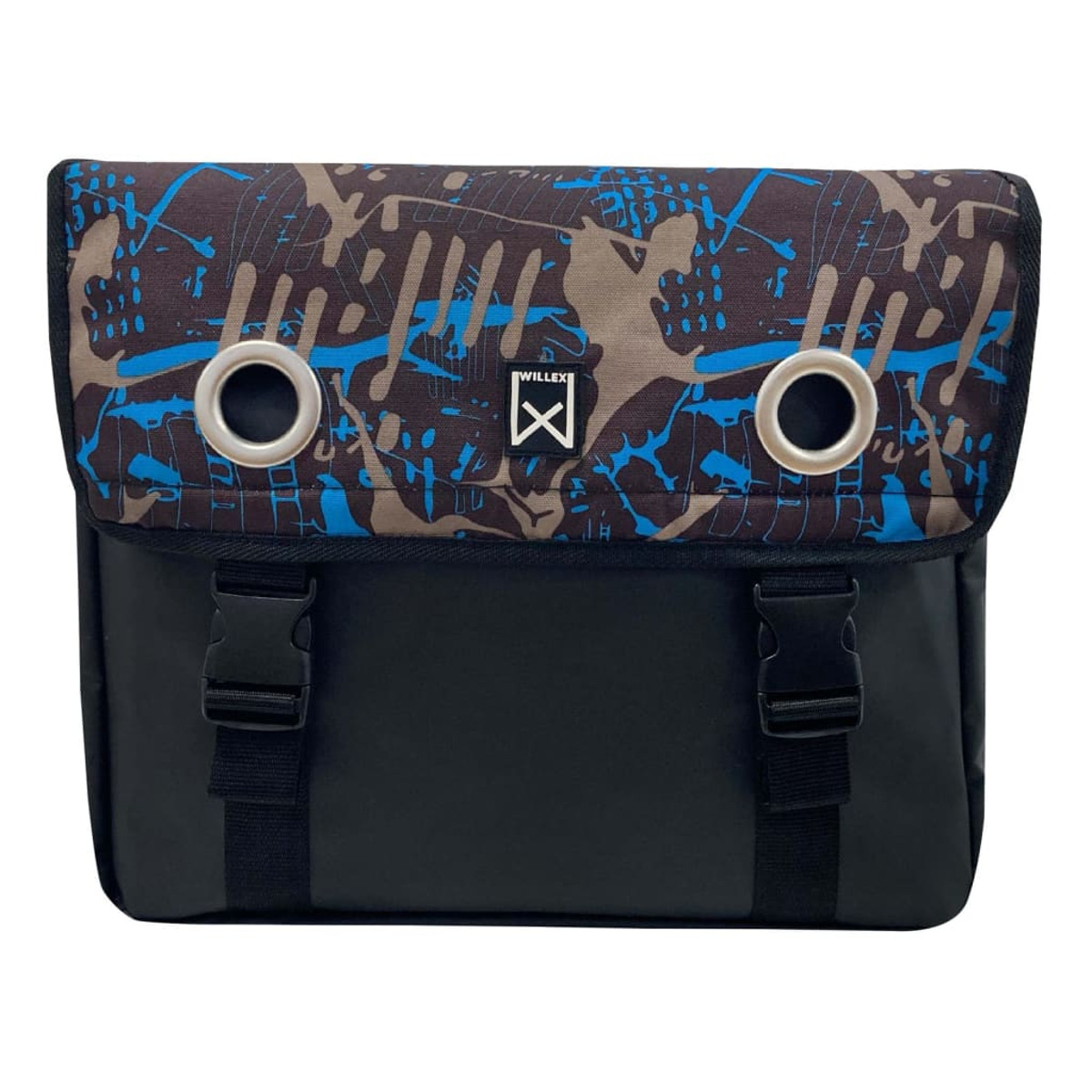 Schwarz-blaue Fahrradtasche mit zwei silbernen Ringen und zwei Schnallen.