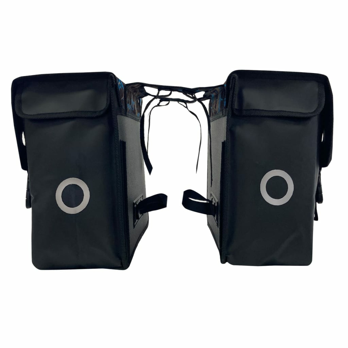 Zwei schwarze Fahrradpacktaschen mit reflektierenden Kreisen, verbunden durch Riemen.